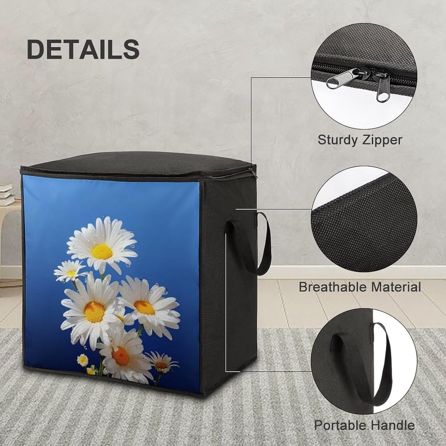 Quilt Storage Bag,Beautiful Daisy Printed Large Foldable Storage Container Portable Travel Storage Bag for Blankets, Quilts, Clothes, Comforter, Bedding And Pillows