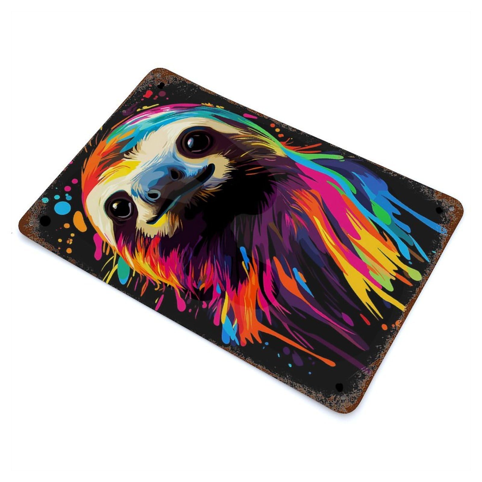 Rust Effect Colorful Sloth Portrait Rusty Metal Tin Sign 11.8"x7.9", Old School Wall Decor for Basement, Hobby Room And Garage Decor