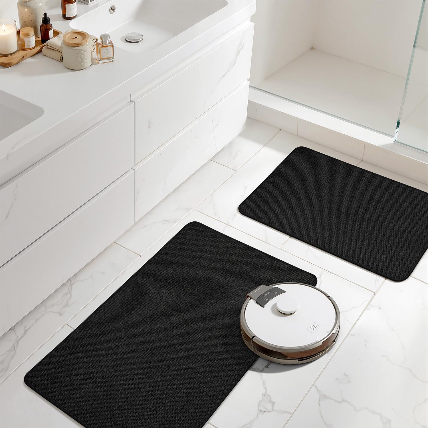 MIULEE Set of 2 Ultra Thin Bathroom Rugs, Rubber Bath Mats for Bathroom Non Slip, Quick Dry Absorbent Bath Rug Machine Washable, Fit Under Door, Shower, Sink, Halloween Decor, Black, 17"x27"+20"x32"
