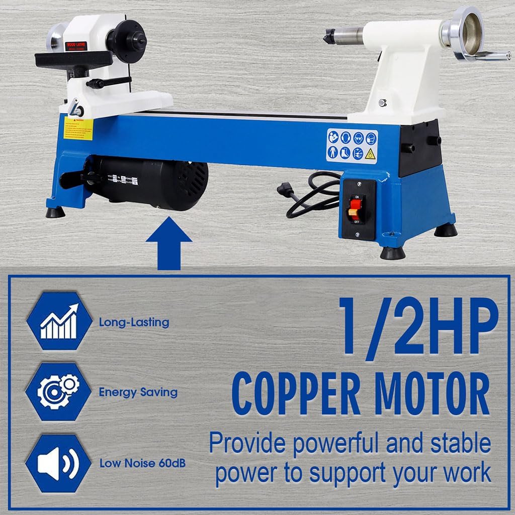 Benchtop Wood Lathe, Benchtop Cut-Off Saw Miniature Compound-Cutting, Mini Wood Turning Lathe for Woodworking 1/2HP Multifunctional Power Wood Lathe for Crafts