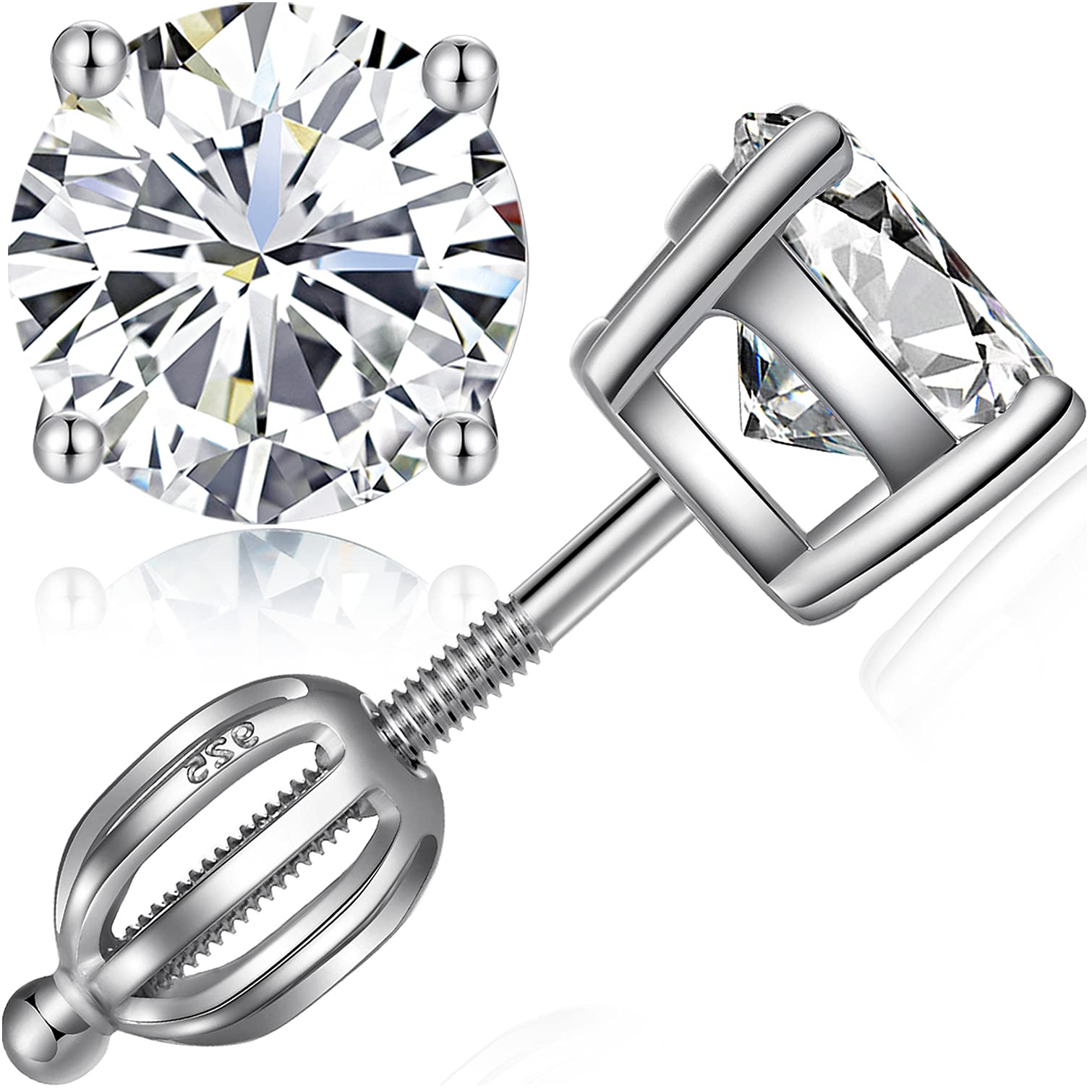 Miaofu 18K White Gold Plated Simulated Diamond Earrings for Men Women Cubic Zirconia Stud Earrings 925 Sterling Silver Screw Back CZ Stud Earrings 4MM-8MM for Unisex