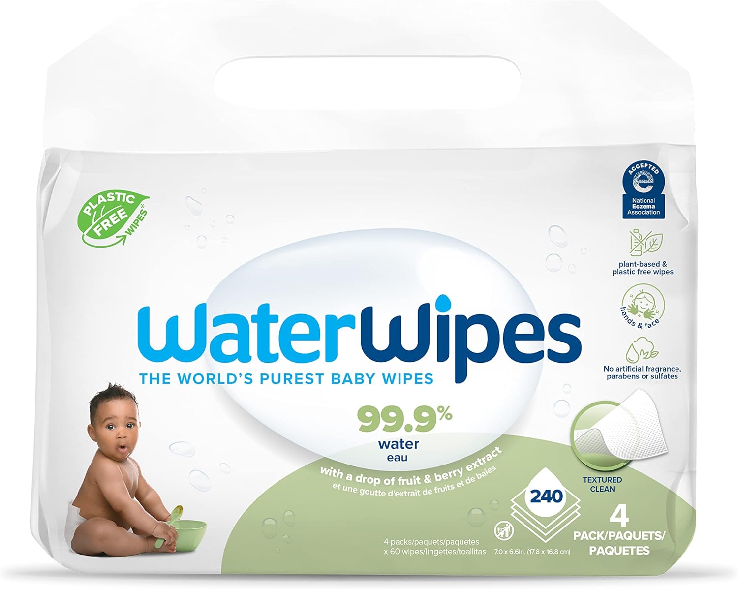 WaterWipes Sensitive+ Baby & Toddler Wipes, 3-In-1 Cleans, Cares, Protects, 99.9% Water, Textured Clean, Unscented & Hypoallergenic, 240 Count (4 Packs) - Amazon product rated Grade A