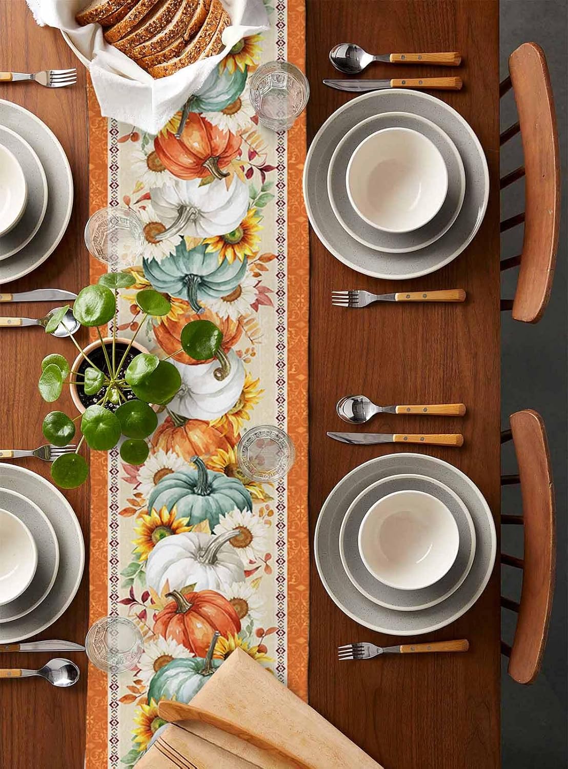 Pumpkins Sunflower Table Runner 13"x120" Thanksgiving Sage Green Orange Pumpkin Cotton Linen Table Runners Fall Leaves Sunflower Table Cover Dresser Scarves for Kitchen Dining Holiday Party Wedding