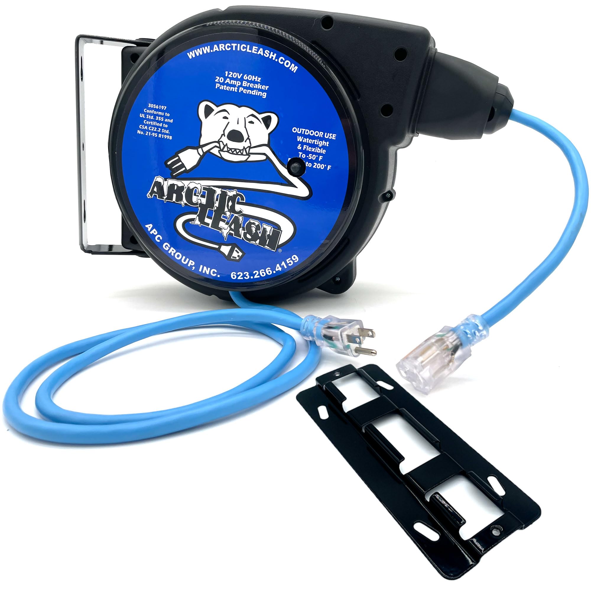 Photo 1 of ARCTIC LEASH 80ft 14/3 Outdoor Extreme Cold Weather Retractable Extension Cord Reel – 80 ft Heavy-Duty 14/3 SJEOOW Cable with 20A Resettable Breaker, 180° Swivel Mount, Retractable to -60°F.