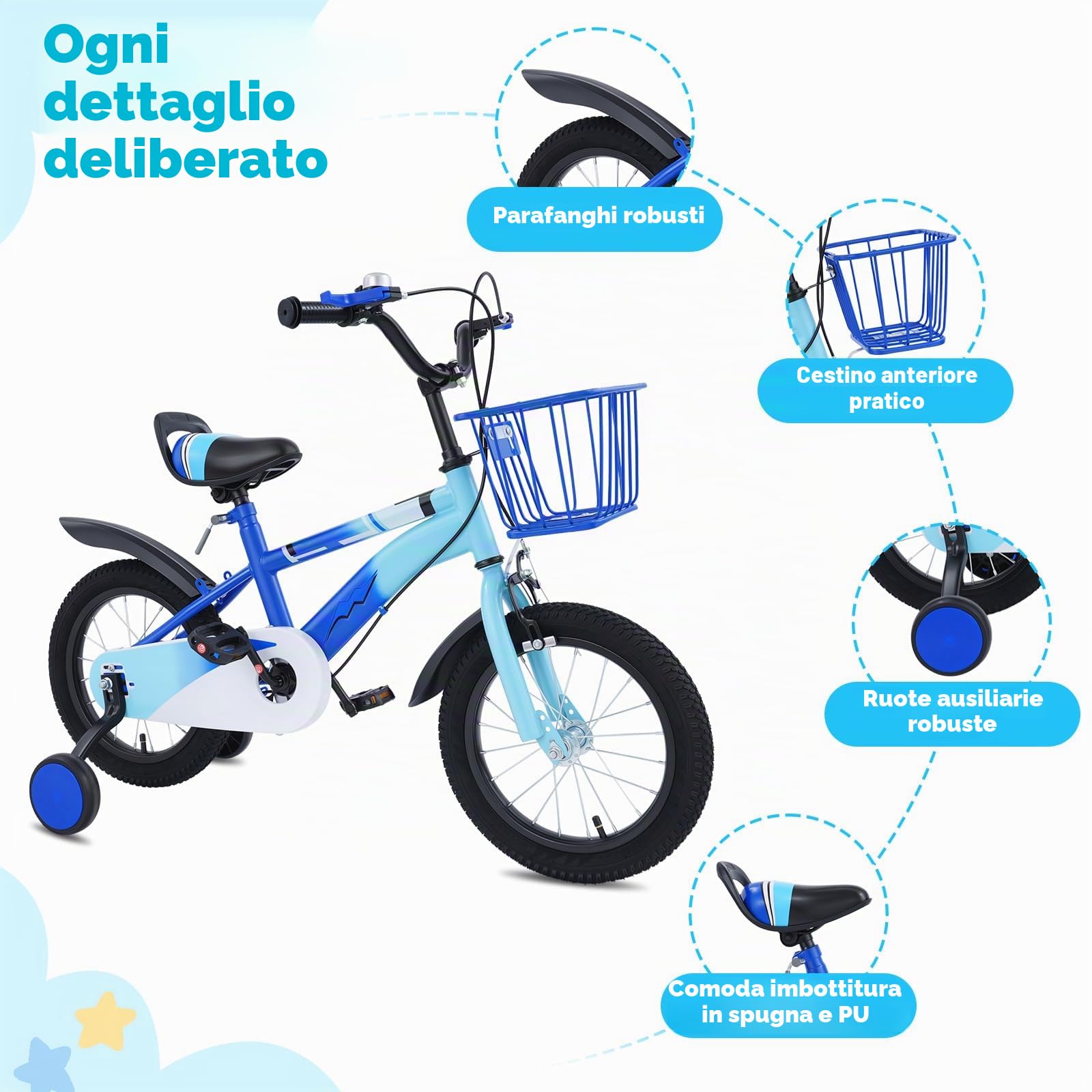 Bicicletta per bambini da 14 pollici, con ruote di supporto e cestino, regolazione dell'altezza, in acciaio al carbonio, per bambini dai 3, 4, 5, 6 anni, blu/viola/beige