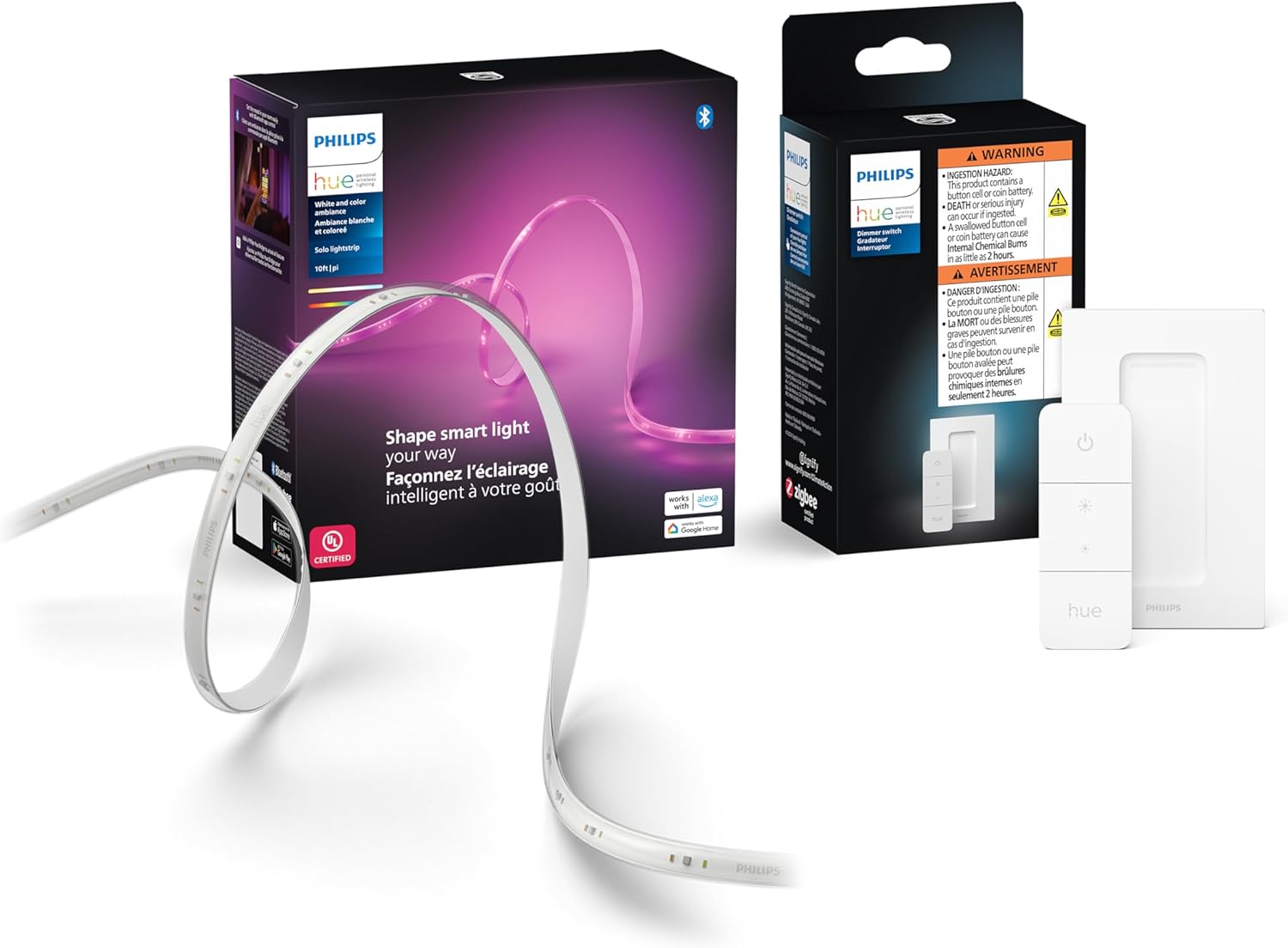 Philips Hue Indoor 10 Ft Smart LED Solo Lightstrip Base Kit with Smart Dimmer Switch - Control with Hue App, Alexa, Google Assistant, Apple HomeKit