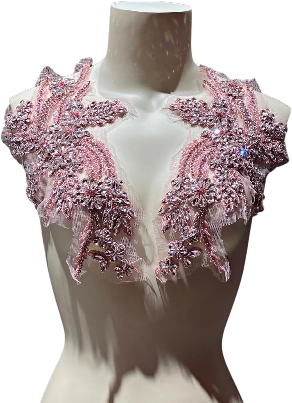 1 Pair of Handmade Rhinestone Appliques,26.5 * 18cm Pink Applique for Dress Wedding,Banquet Evening Gown,Photograph Shot Sewing Rhinestone Patches(Pink)