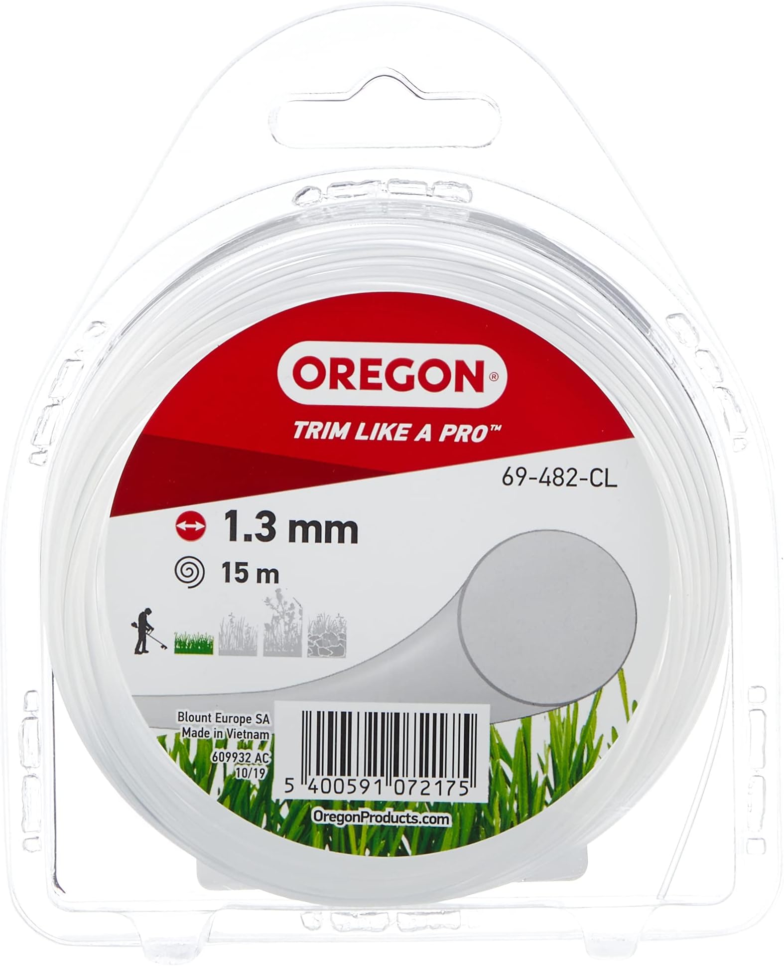 Oregon String Trimmer Line, Replacement Nylon Strimmer Wire for Grass Trimmers & Brushcutters, DIY & Gardening, Universal Fit, All Purpose, Round Cord, 1.3mm x 15m Spool, Transparent (69-482-CL)