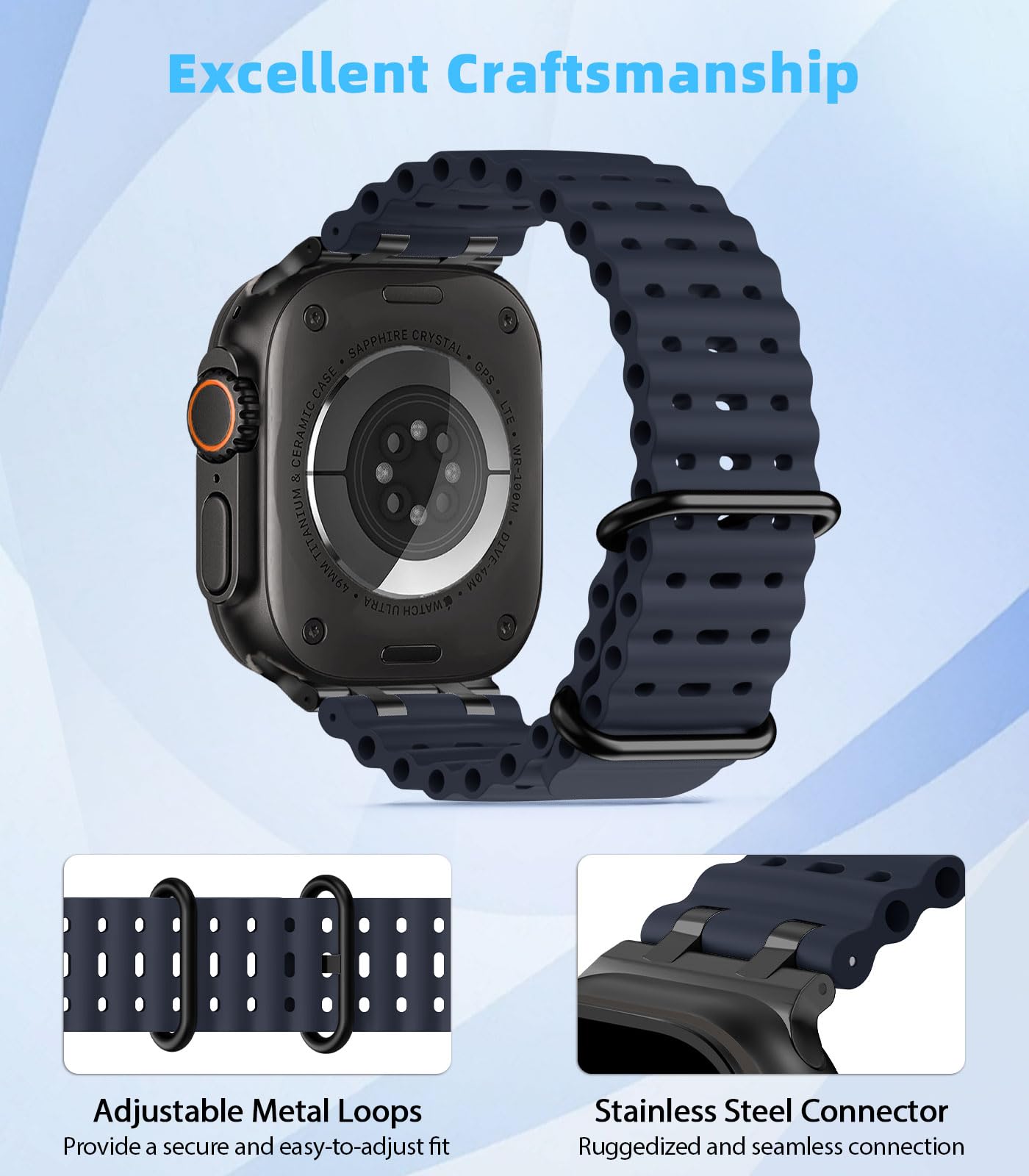 MoKo Bracciale Migliorato in Silicone Sport Oceano per Apple Watch 49mm/46mm/45mm/44mm/42mm - Serie 10/9/8/7/6/5/4/3/SE2/SE/Ultra2/Ultra - Unisex