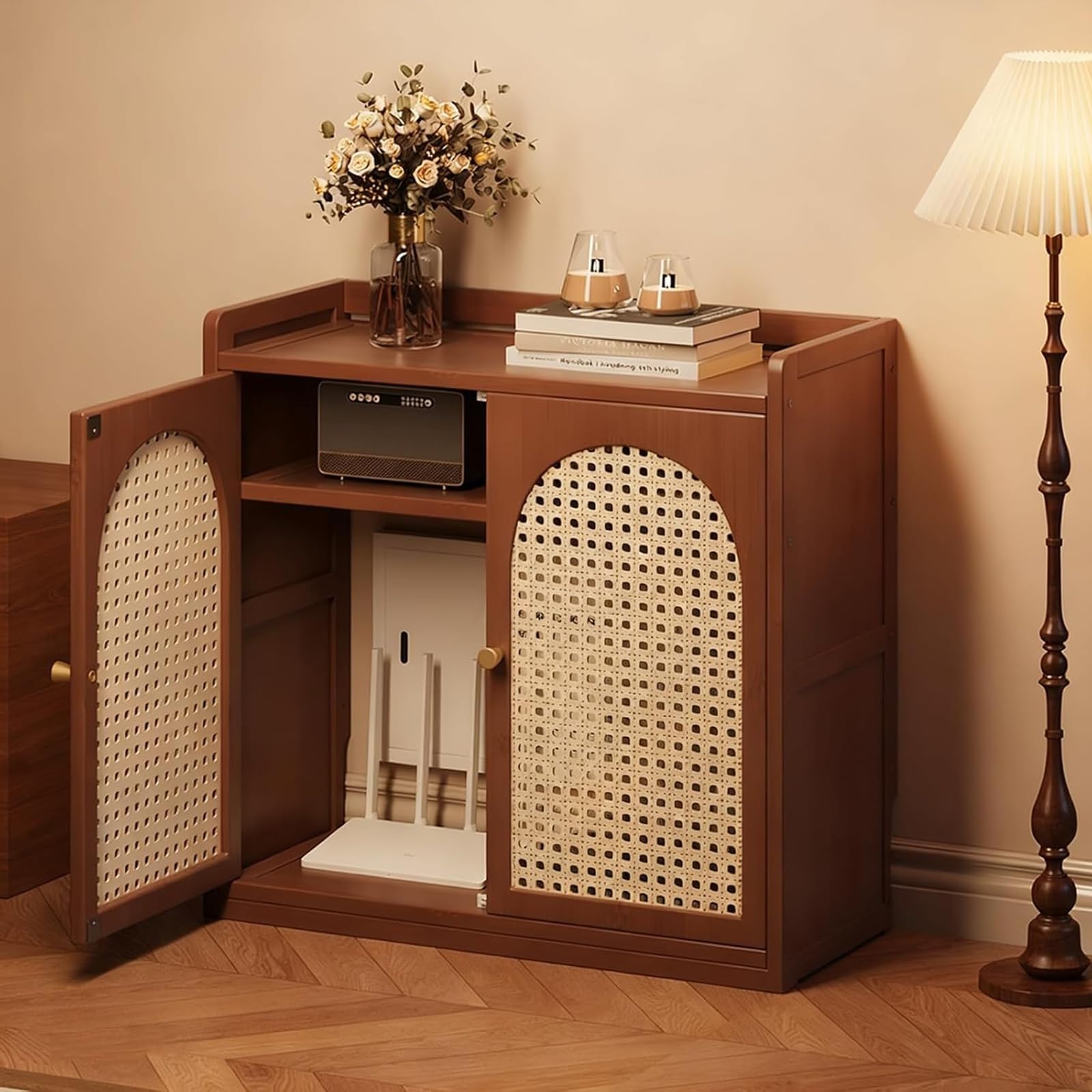 Armario de suelo para router WiFi con rejillas de ventilación y baldas para despacho u hogar