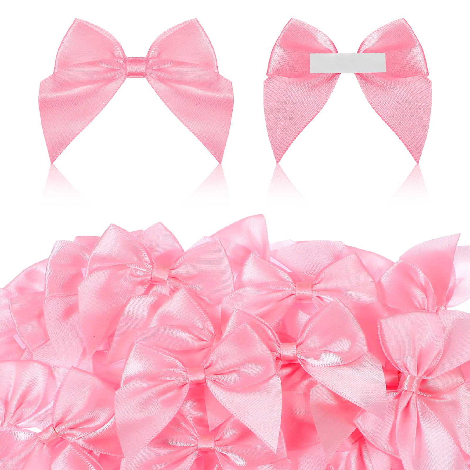 50 Pack Satin Ribbon Bows Mini Bow for Crafts Self Adhesive Premade Bow for Gift Wrapping Treat Bags Party Favors Wedding Christmas Birthday Decorations (Pink)