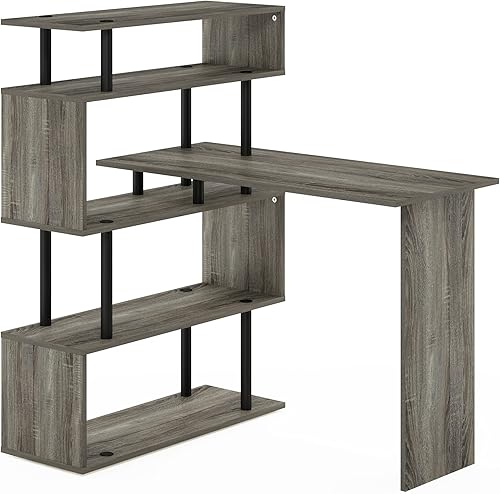 Miniatura 92 de Furinno Abbott - Escritorio para computadora en forma de L con estantería de tubos de acero inoxidable, americano/cromado 2-Roble