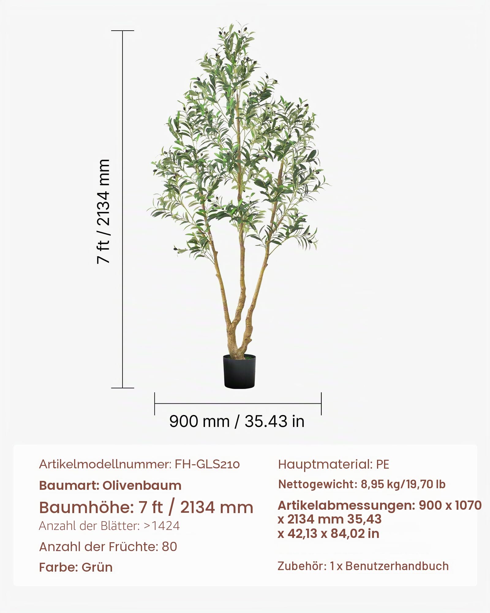 VEVOR Künstlicher Olivenbaum, 2,1 m, mit schwarzem Topf, Kunstbaum mit natürlichem Holzstamm & realistischen grünen Blättern & Früchten, Kunstpflanze für Innenbereich, Zuhause, Büro, Wohnzimmer