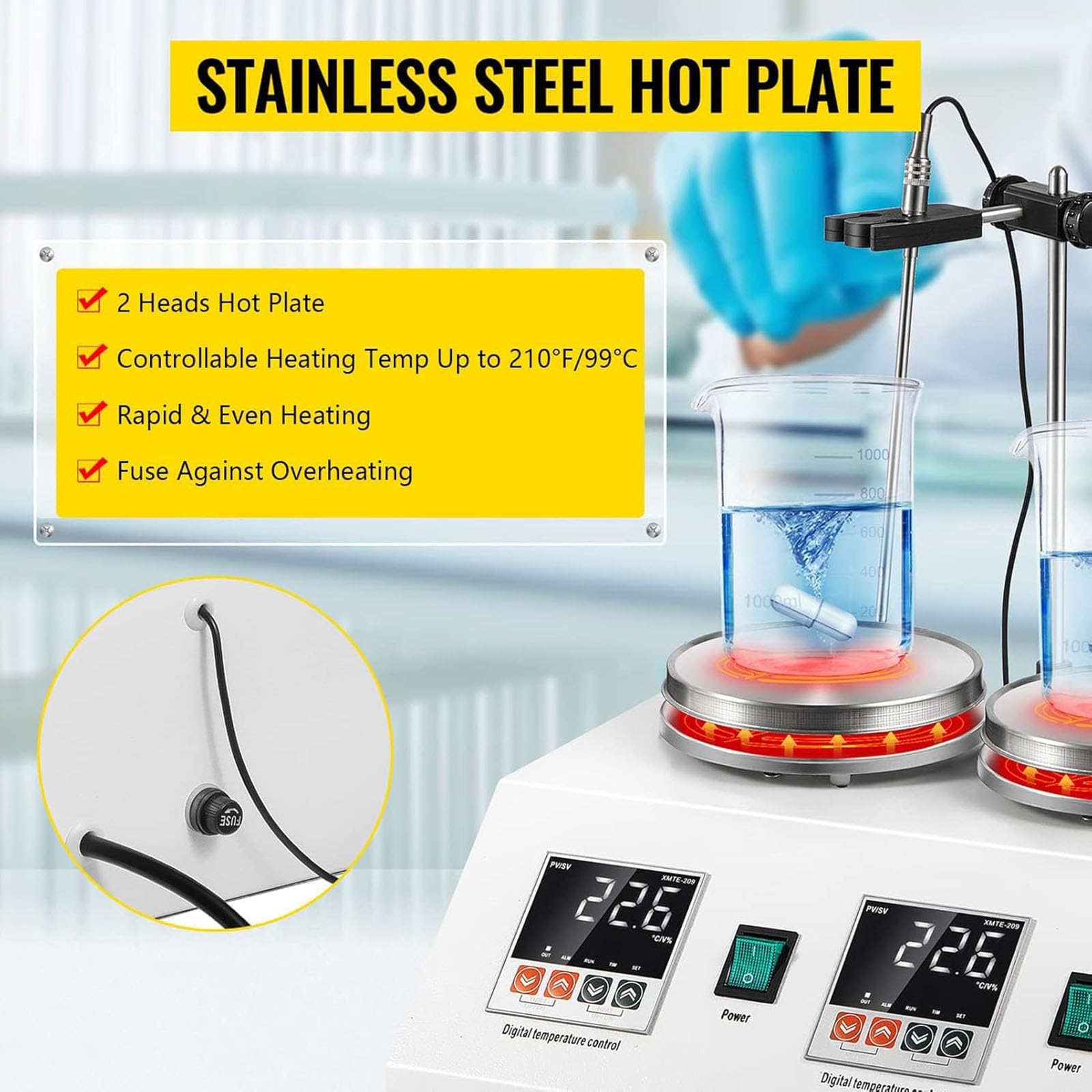 Agitatore magnetico con piastra riscaldante a 2 teste Miscelatore da laboratorio digitale da 2 litri 2400 giri/min