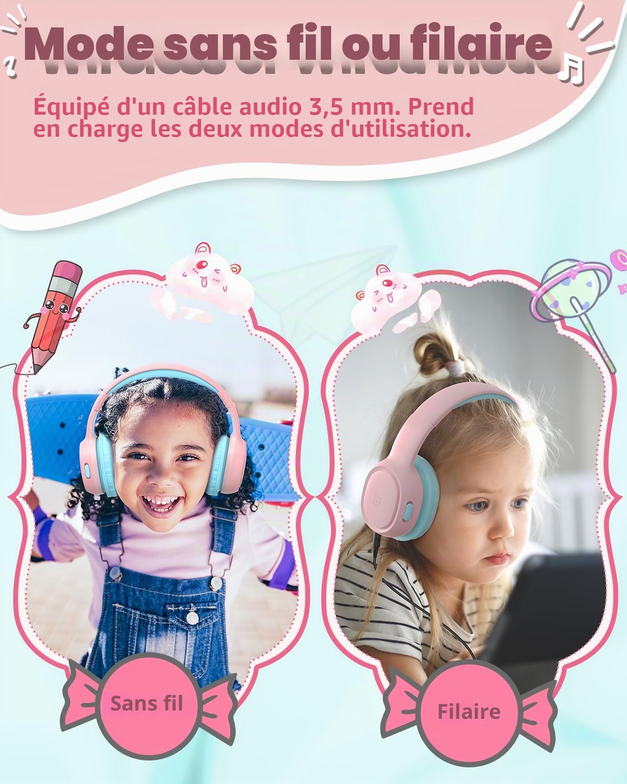 Tronsmart KH02 Casque Audio Enfant Bluetooth 5.3, Volume Limité 74/85/94 DB, Pliable, Microphone Intégré, pour Fille, Rose