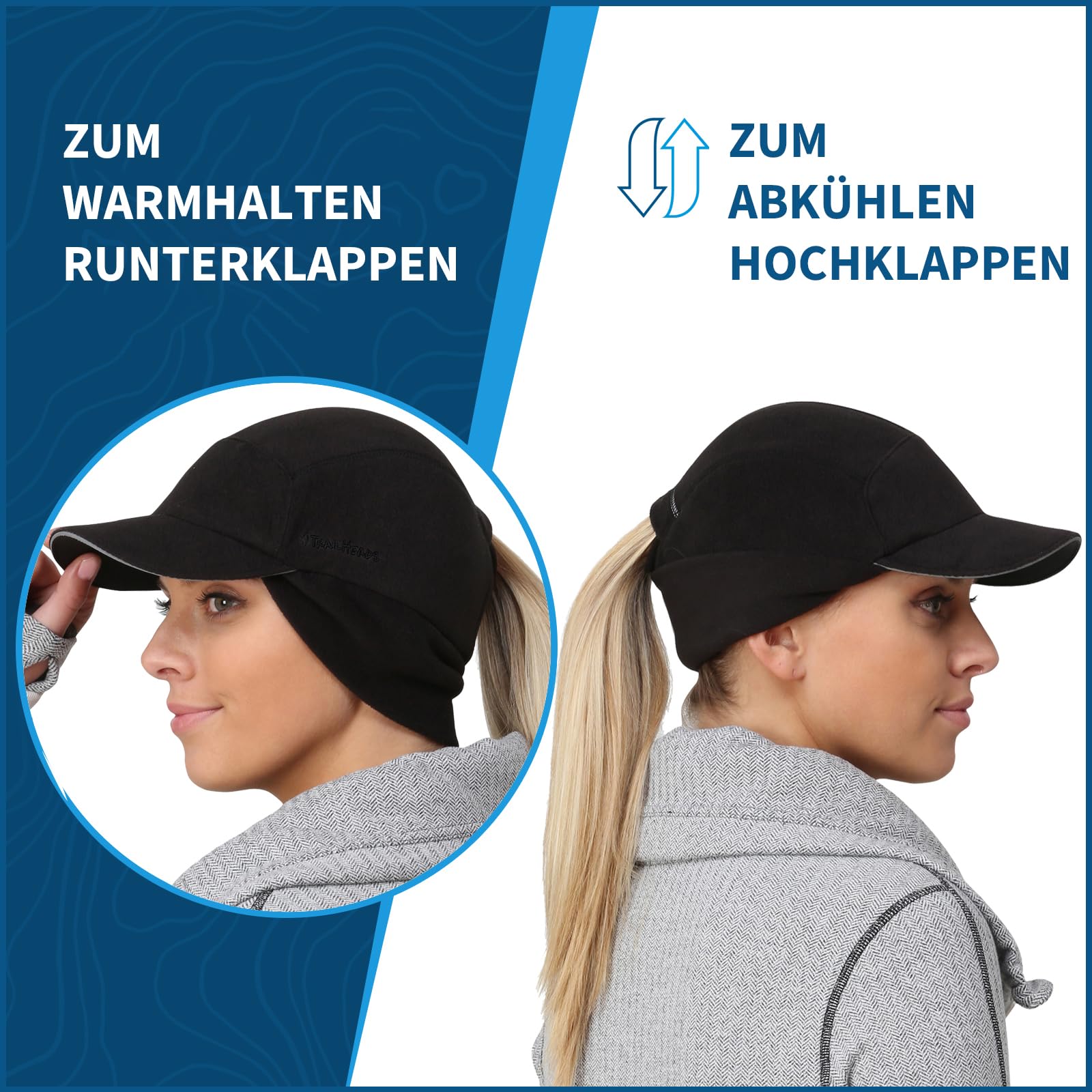 TrailHeads Fleece Sport Mütze Damen - Pferdeschwanz-Wintermütze mit reflektierendem Rand