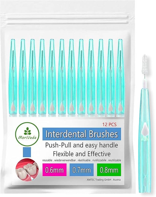 Cepillos interdentales MoriVeda - juego de 12 (0,8 mm) I cepillos interdentales para una higiene bucal limpia I función push-pull - desarrollado con laboratorios dentales. 0,8 mm
