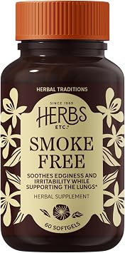 Herbs Etc. Smoke Free Softgels, Gluten-Free & Organic, 60 Count | Lung Support Supplement with Lobelia, Osha Root, Fresh Milky Oats to Soothe Edginess During Lifestyle Transitions, Organic