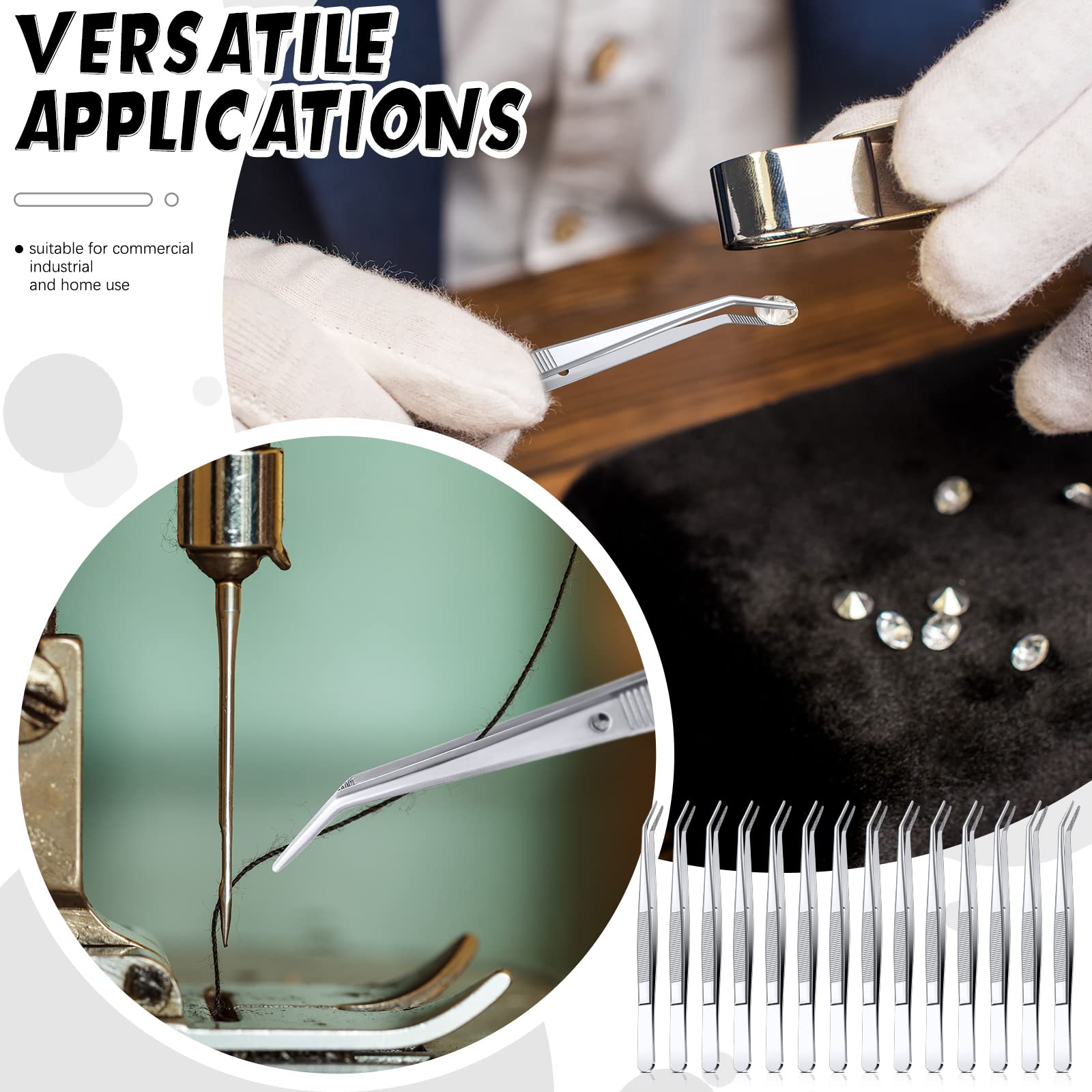 Pince à épiler multifonction en acier inoxydable avec pointe dentelée incurvée pour machine à coudre, pince à épiler pour travaux manuels, argent (32)