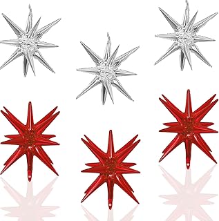 6 Pcs Star Foil Balloons One-Piece 14-Pointed Star Balloons 4D Starburst Cone Mylar Balloons 22inch Christmas Birthday Wedding Wedding Anniversary Party Supplies(Silver + Red)