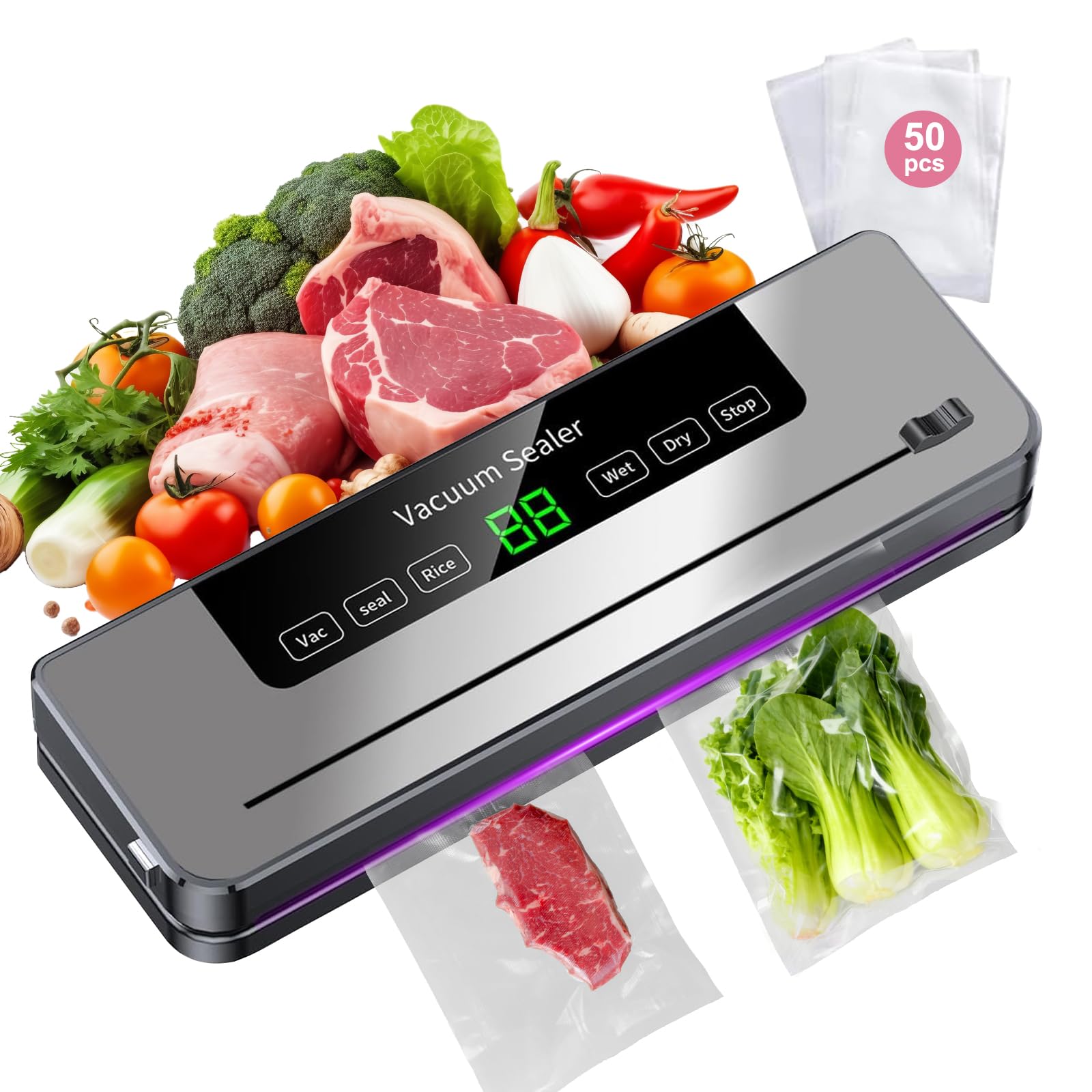 Macchina sottovuoto per alimenti con 60 sacchetti sottovuoto, sottovuoto multifunzione 5 in 1, con modalità bagnata e asciutta per conservare frutta, verdura, pane, carne, ecc.