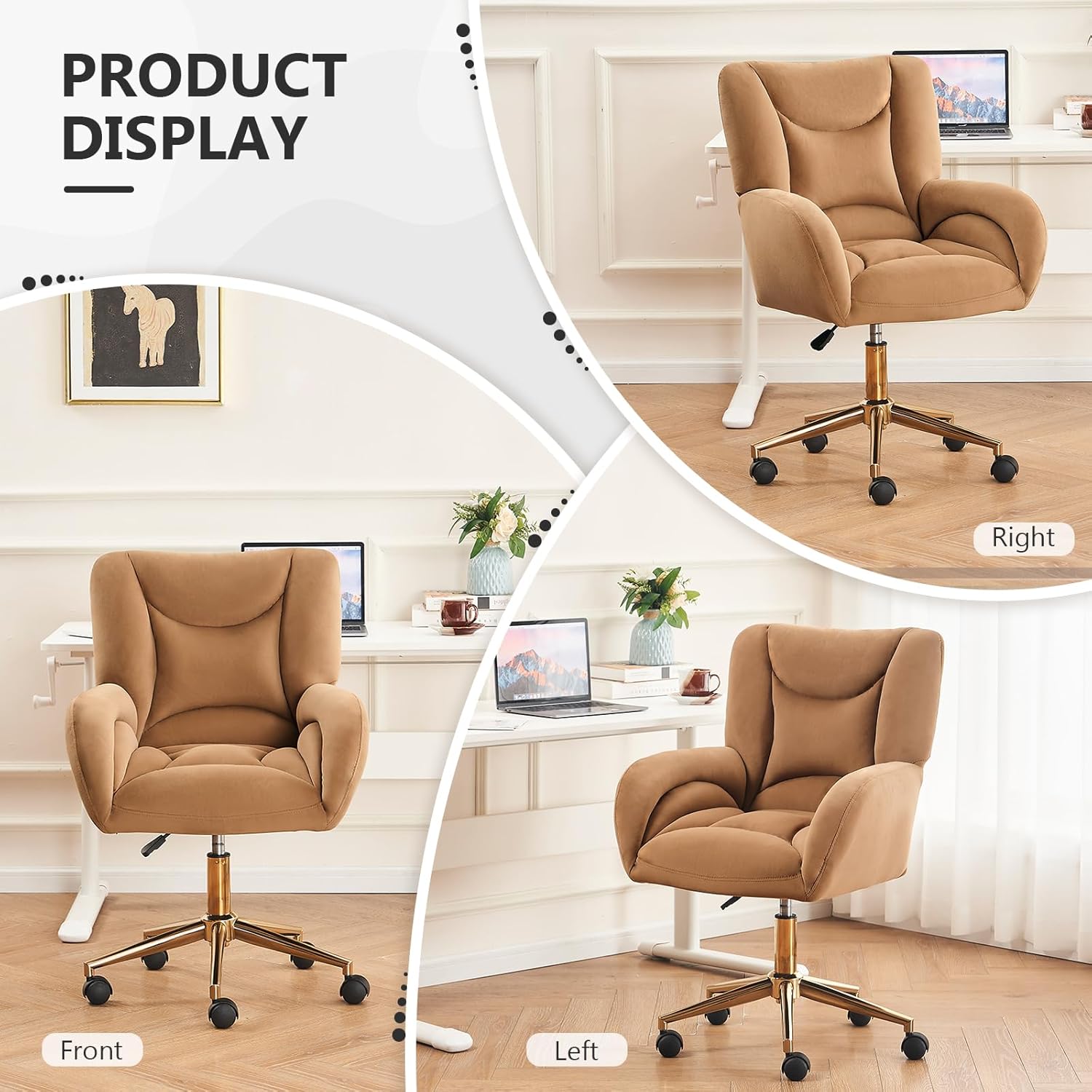 Hommoo Home Office Desk Chair Comfy Velvet Height Adjustable Vanity Chair with Wheels and Arms Modern Rolling Desk Chair 360°Swivel Gold Frame for Women and Girls Coffee