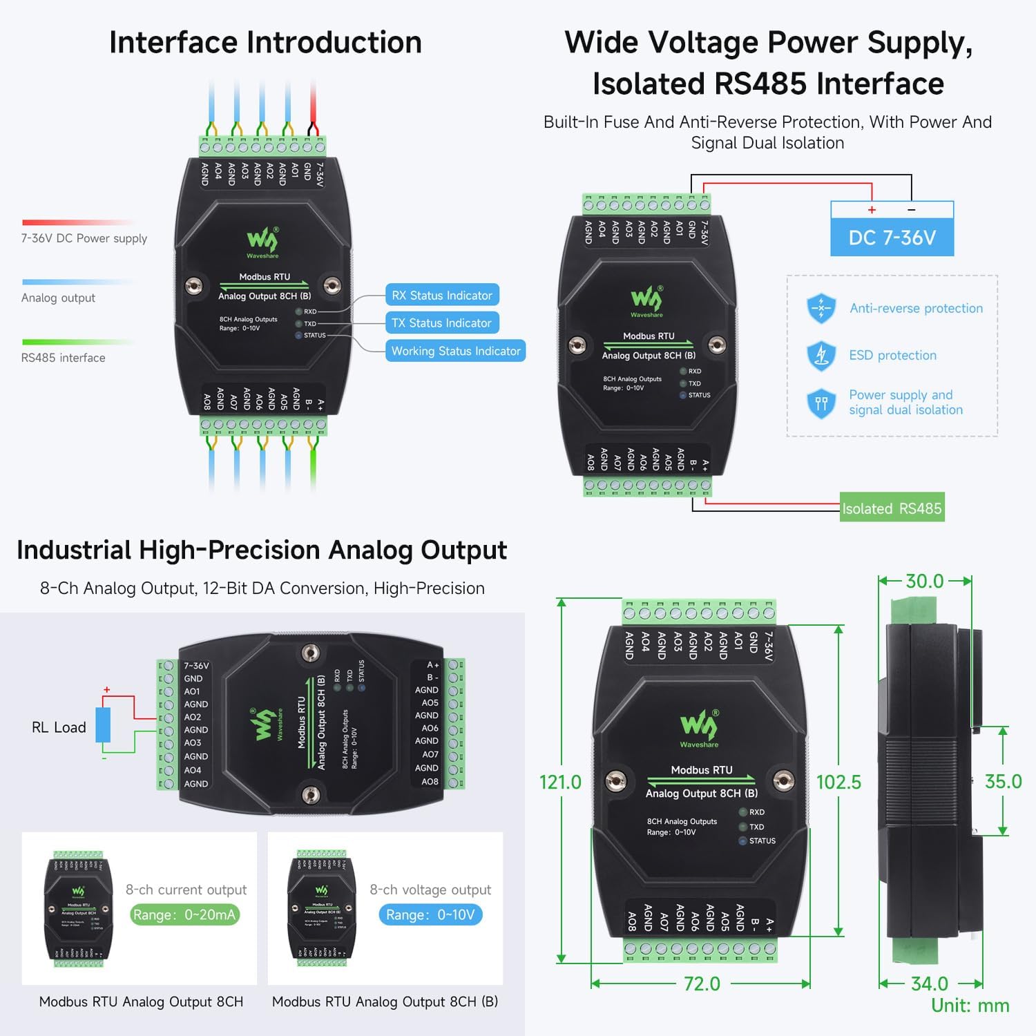 Waveshare Industrial 8-Ch Analog Output Module 12-Bit DA Conversion Supports 8-Ch Simultaneous Voltage Or Current Output DC 7 36V Wide Voltage Power Supply Modbus RTU Protocol Rail-Mount Support