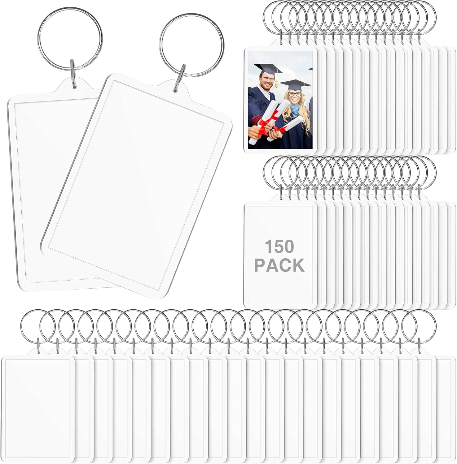 Inbagi 150 Pcs Picture Frame Keychain Clear Acrylic Photo Insert Blank Rectangle Keychain Keyring Gifts for Men Women DIY Craft Graduation
