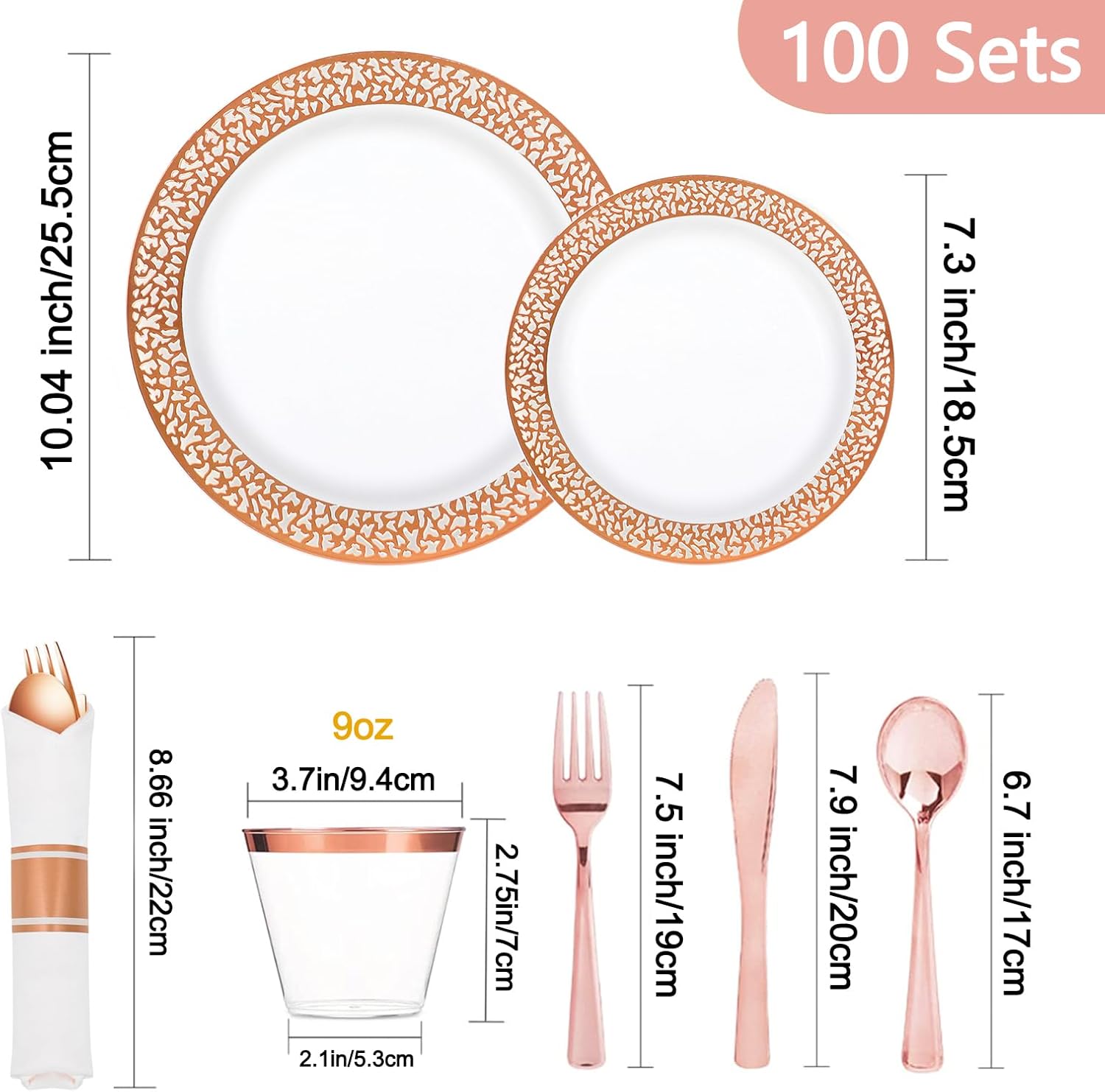 700 Piece Dinnerware Set for Wedding & Party,100 Guest RimPlastic Plates,100 Plastic Silverware,100 Cups,100 Linen Like Napkins (Glod) lkj