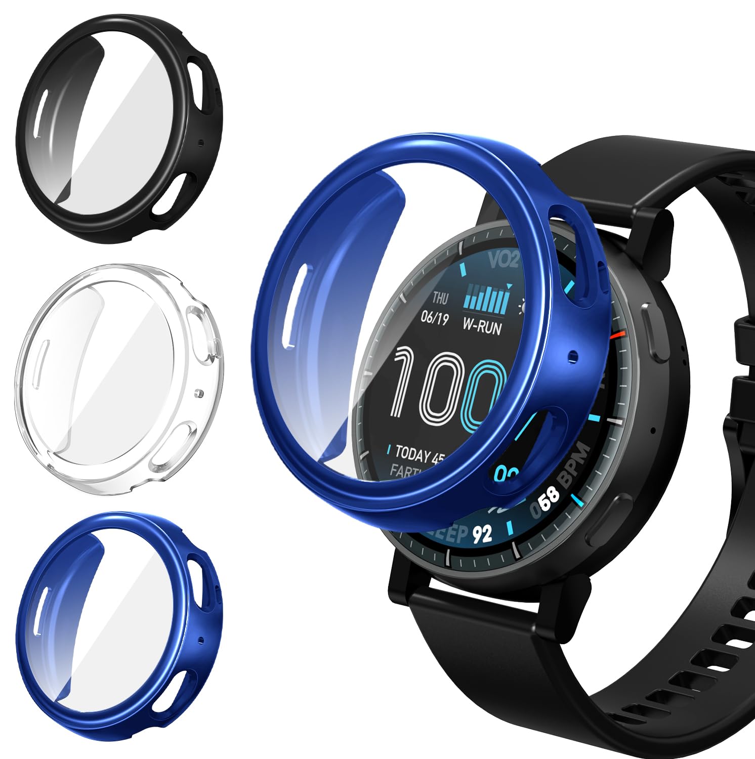 ivoler 3 Piezas Funda con Protector de Pantalla para Amazfit Active MAX, Protección Completa Carcasa Protectora Delgado Suave TPU Anti-Arañazos Case, Transparente + Negro + Azul