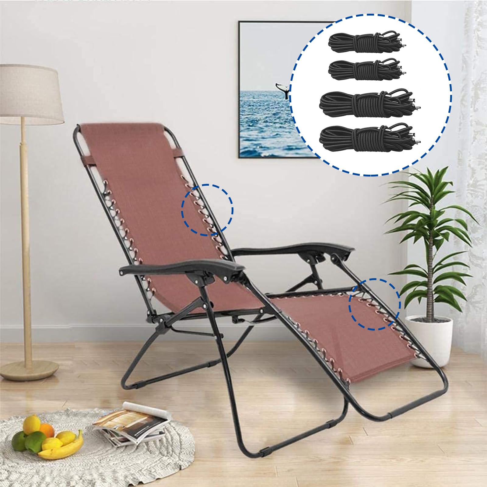 Lot De 4 Cordes élastiques De Remplacement Pour Transat - 2 X 2,2 M + 2 X 1,4 M - Avec Clips Métal - Universel - 8