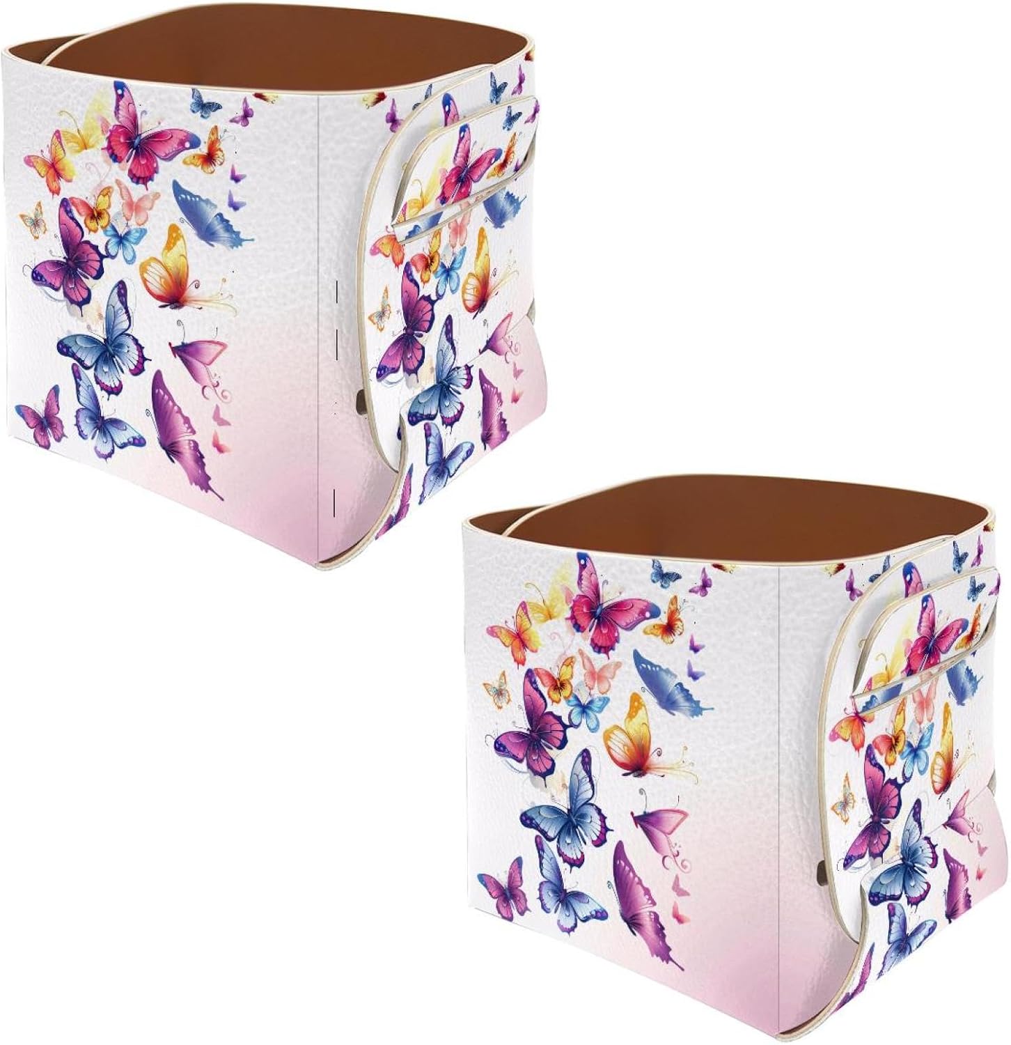 2 Pack Collapsible PU Leather Storage Box Decorative Small Desk Organizer for Pen Pencil Jewelry Makeup Accessories Storage, Colored Butterflies