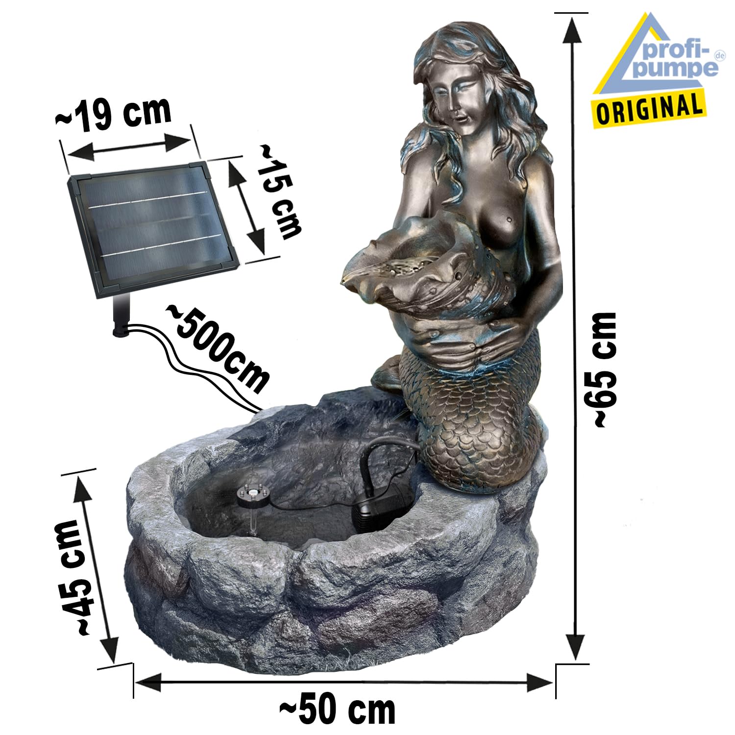 Solar Gartenbrunnen mit 5W Li-Ion-Akku-Solarpanel 9V 555mAh LED-Licht Teichpumpe Meerjungfrau Fördermenge 250l/h 60.000 Stunden für außen Terrasse, Balkon