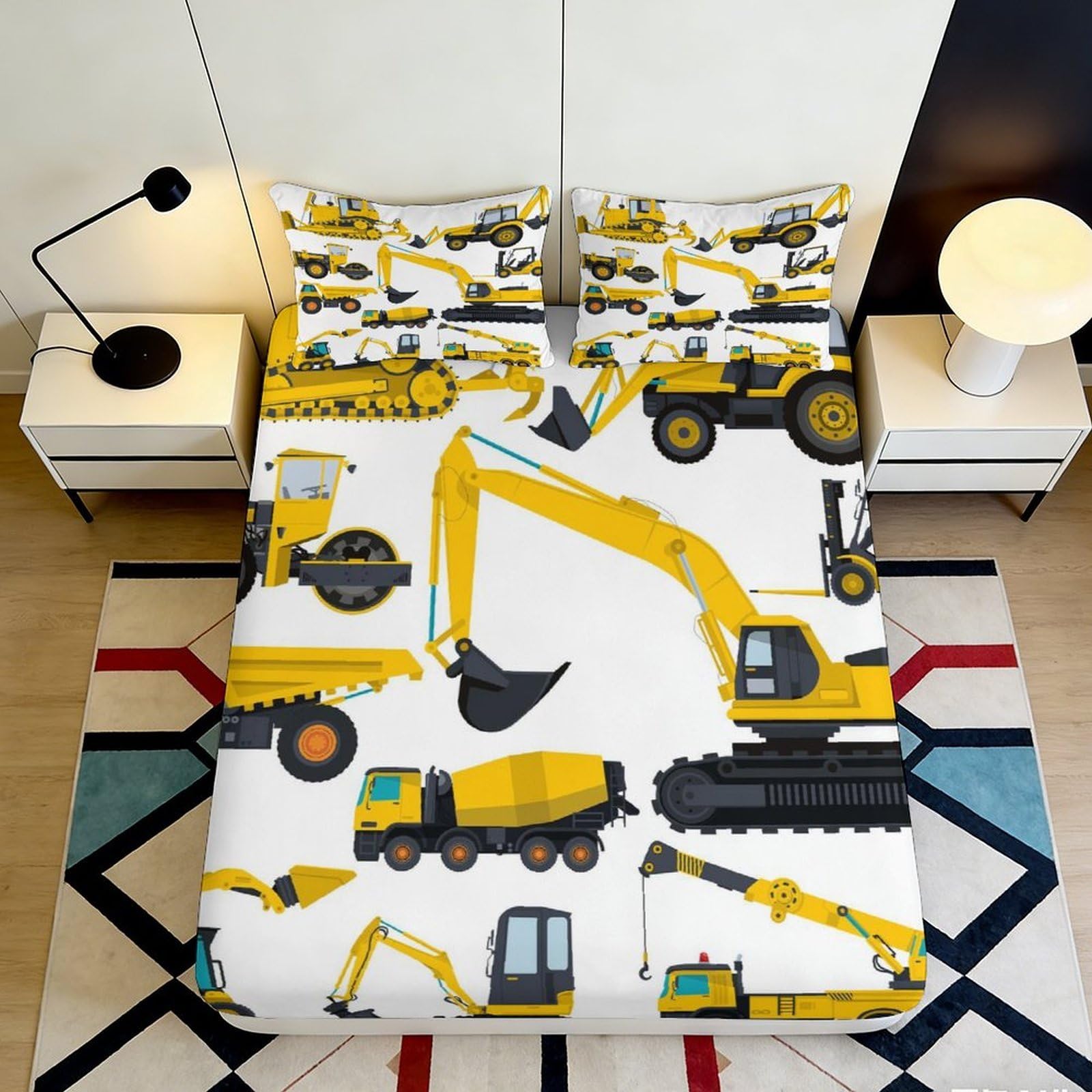 3D Printed Construction Vehicles Fitted Sheet Microfiber Soft Anti-Slip Yellow Digger Bed Cover for Bedroom Dorm Use 90x200x25cm