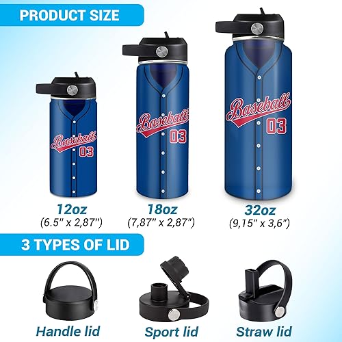Vista 5 de Hyturtle Botella de agua de béisbol personalizada, botella de acero inoxidable aislada de viaje con tapa a prueba de fugas, 18 onzas, 32 onzas