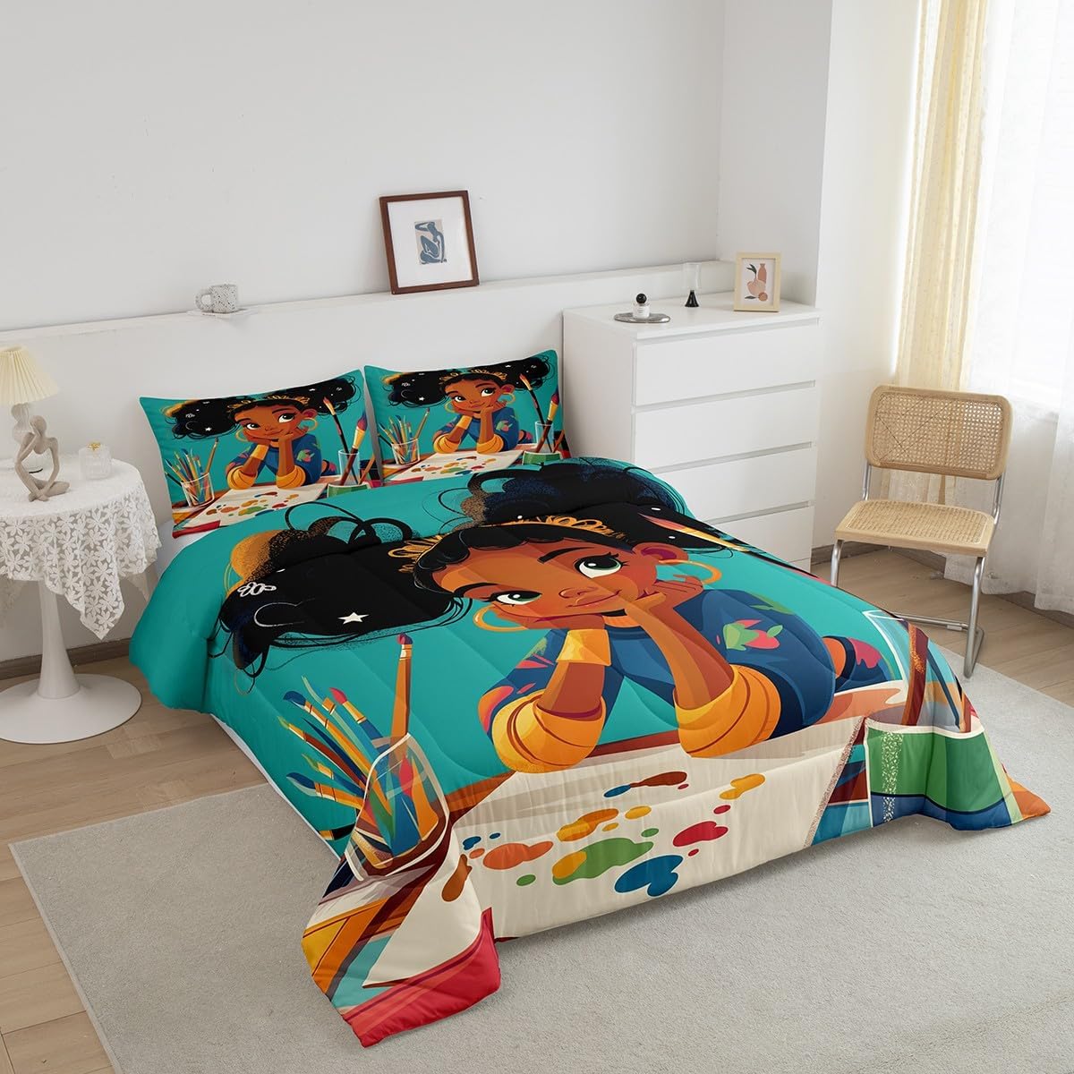 Feelyou Cute Afro Twin Size Black Girl Comforter Set for Kids & Teens - 2Pcs Afro Art Duvet & Quilt Set