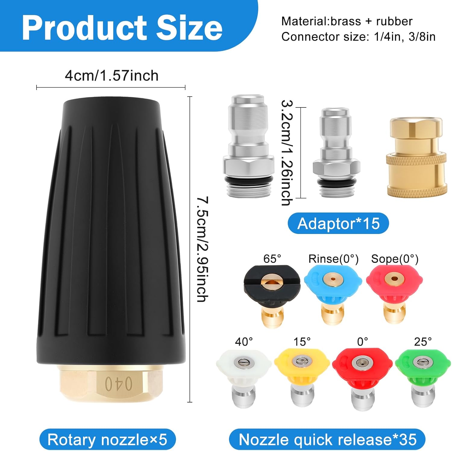 5 set Pressure Washer Tips 4000 PSI Nozzle Pressure Washer 1/4" Quick Connect with 35 Nozzle Tips Kit Multiple Degrees (0, 15, 25, 40, 65, Rinse1, Soap2) for Car Concrete Brick
