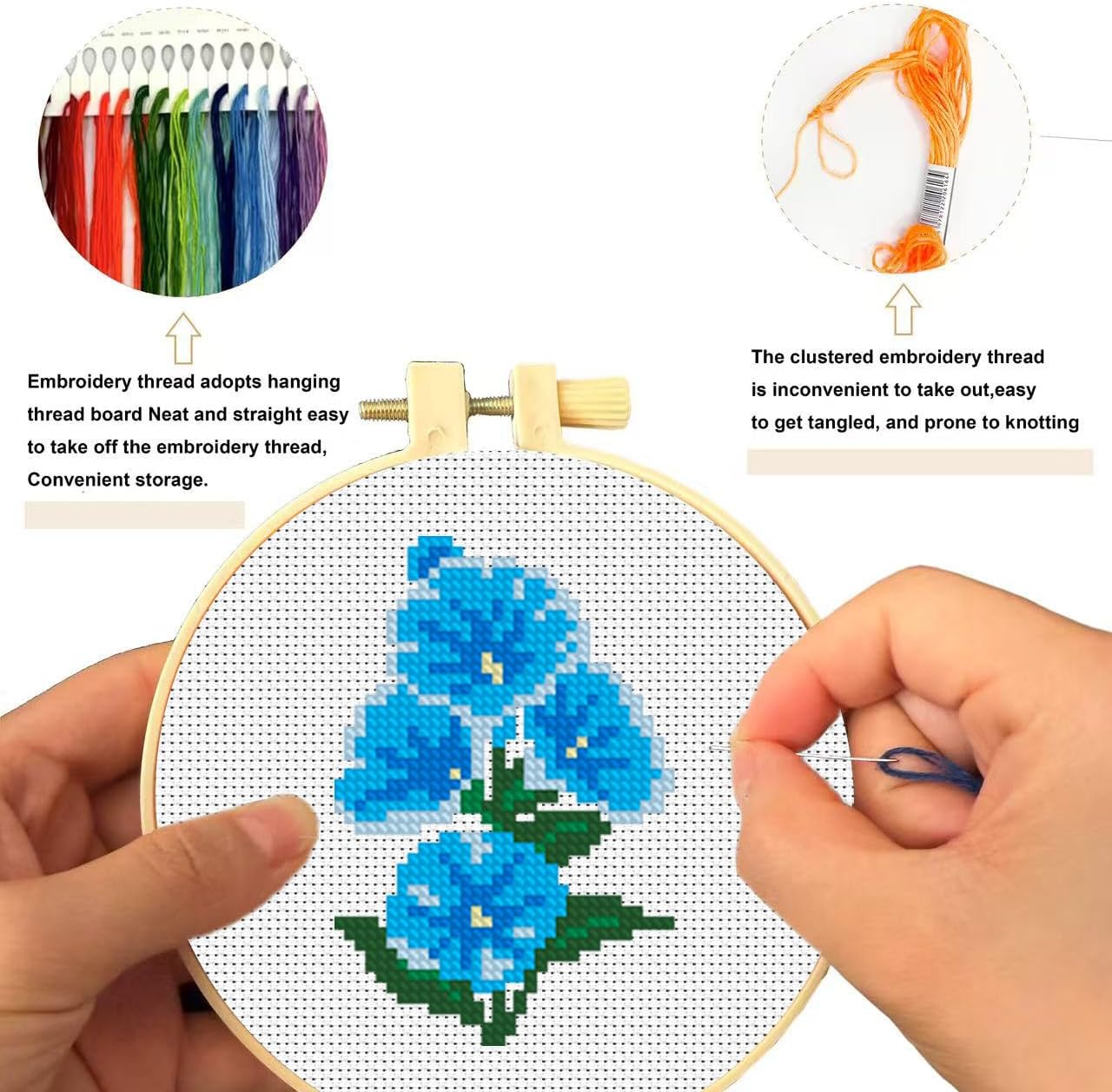 Zhenqing 12 Flowers Printed Cross Stitch Kit for Beginners - Complete Set with Pre-Printed 11CT Fabric, Threads & Needle (No Hoop Needed) (70297)