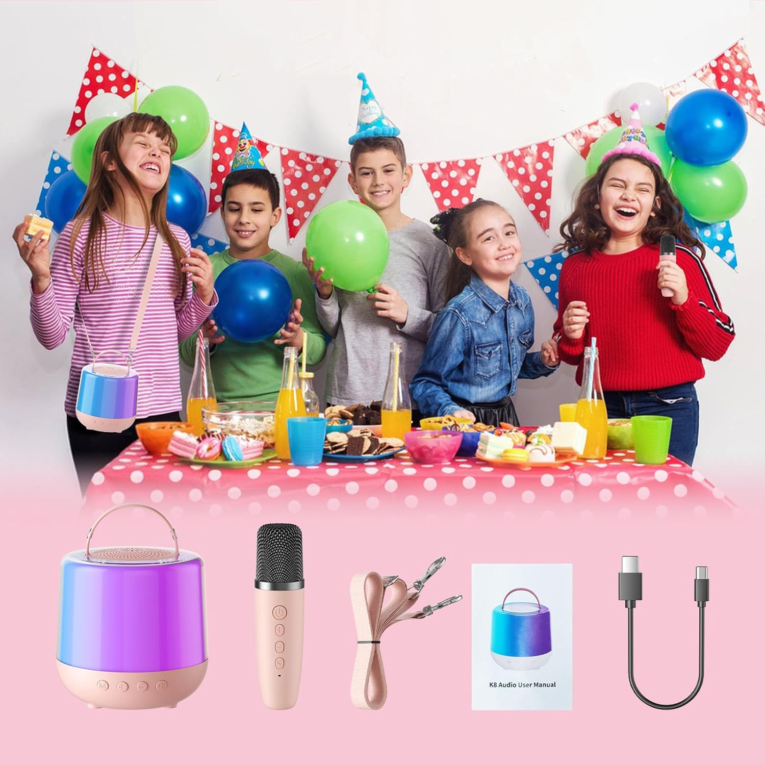 Karaoke Machine for Kids, Portable Bluetooth Speaker with Wireless Microphone & RGB Lights, Magic Voice Effects for 3-12+ Girls Christmas Home Party (Pink) - Image 6