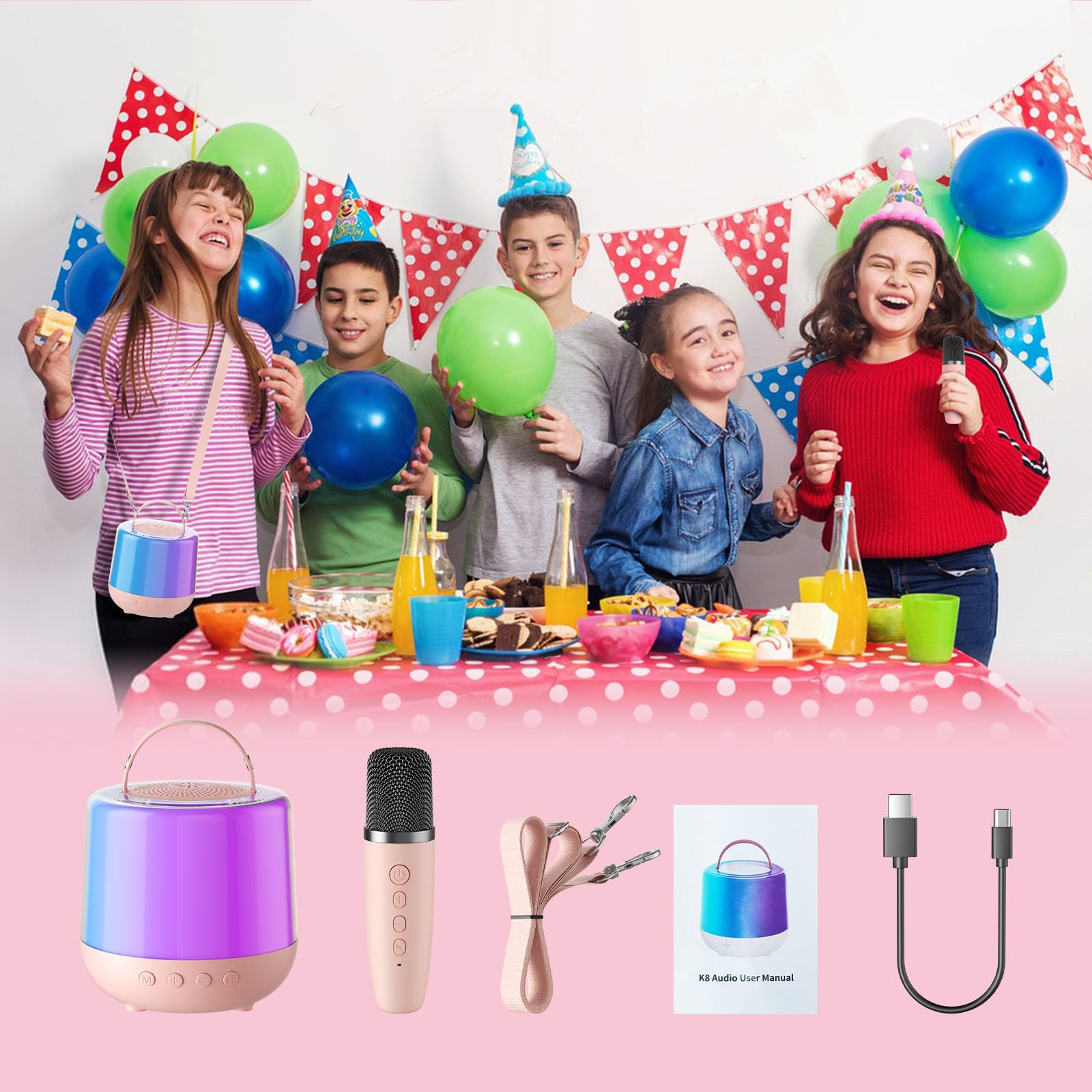 Mini máquina de karaoke para niños y adultos, altavoz Bluetooth portátil con 1 micrófonos inalámbricos y 5 luces para fiestas en casa, regalos de cumpleaños, juguetes para edades y niñas (rosa) 6
