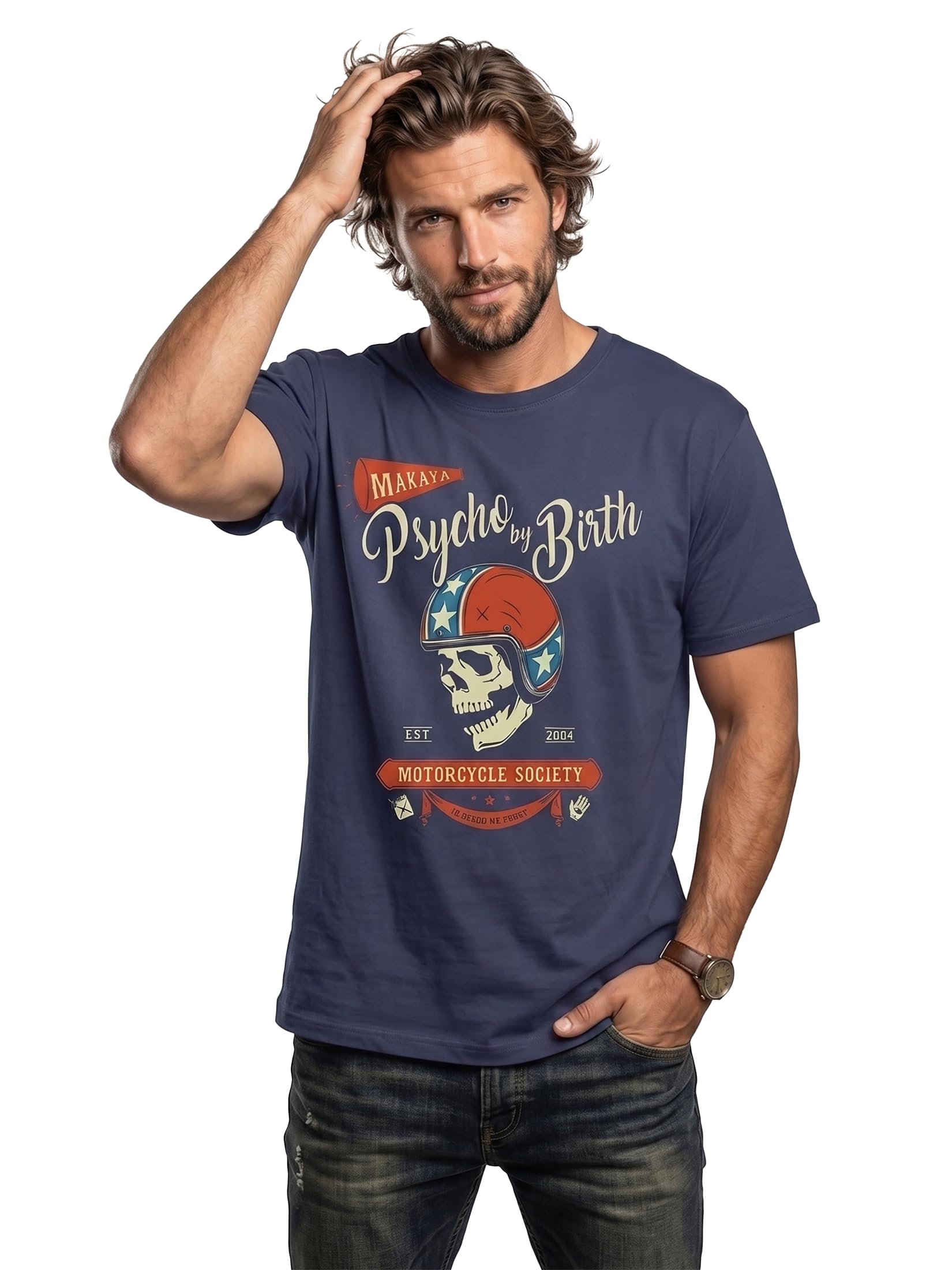 MAKAYA Camisetas Motorcycle Hombre - Psycho by Birth - T-Shirt Skull Calavera con Casco Moto Jet