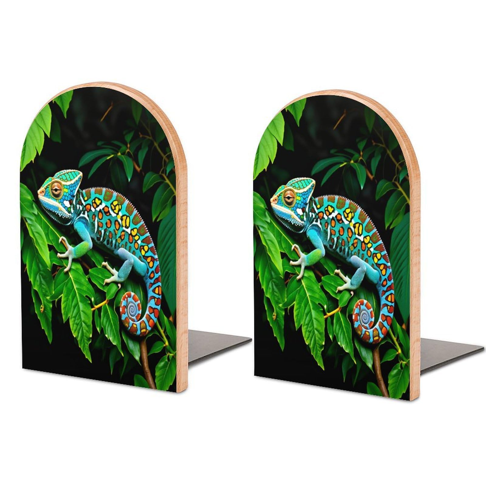 Chameleon Solid Beech Wood Bookends, Decorative Book Ends for Shelves, Non-Skid Desktop Book Organizer for Home Office, Library Decor (1 Pair, 4.7" X 6.7")