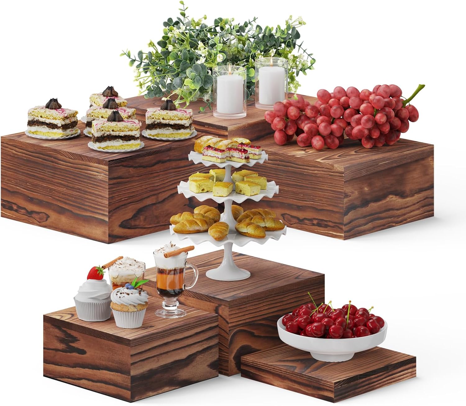 6 PCS Wooden Buffet Risers, Wood Display Risers for Food, Wooden Square Risers Display Stands, Food Risers for Buffet Table (10", 9" , 8", 7", 6", 5") with 67" Faux Greenery Vine