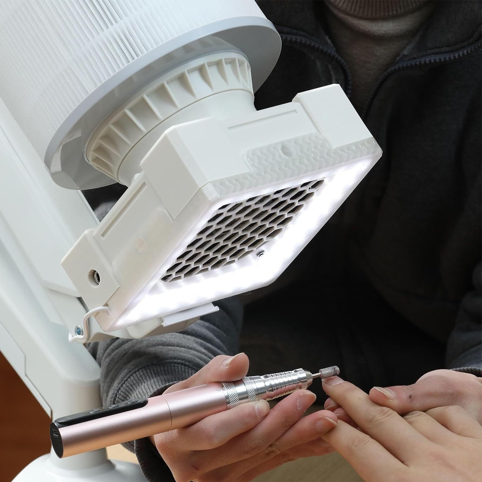 Aspirador de uñas universal de escritorio, con luz LED, soporte metálico de ángulo ajustable, base fija de escritorio, filtro intercambiable, aspirador vertical para salón en casa