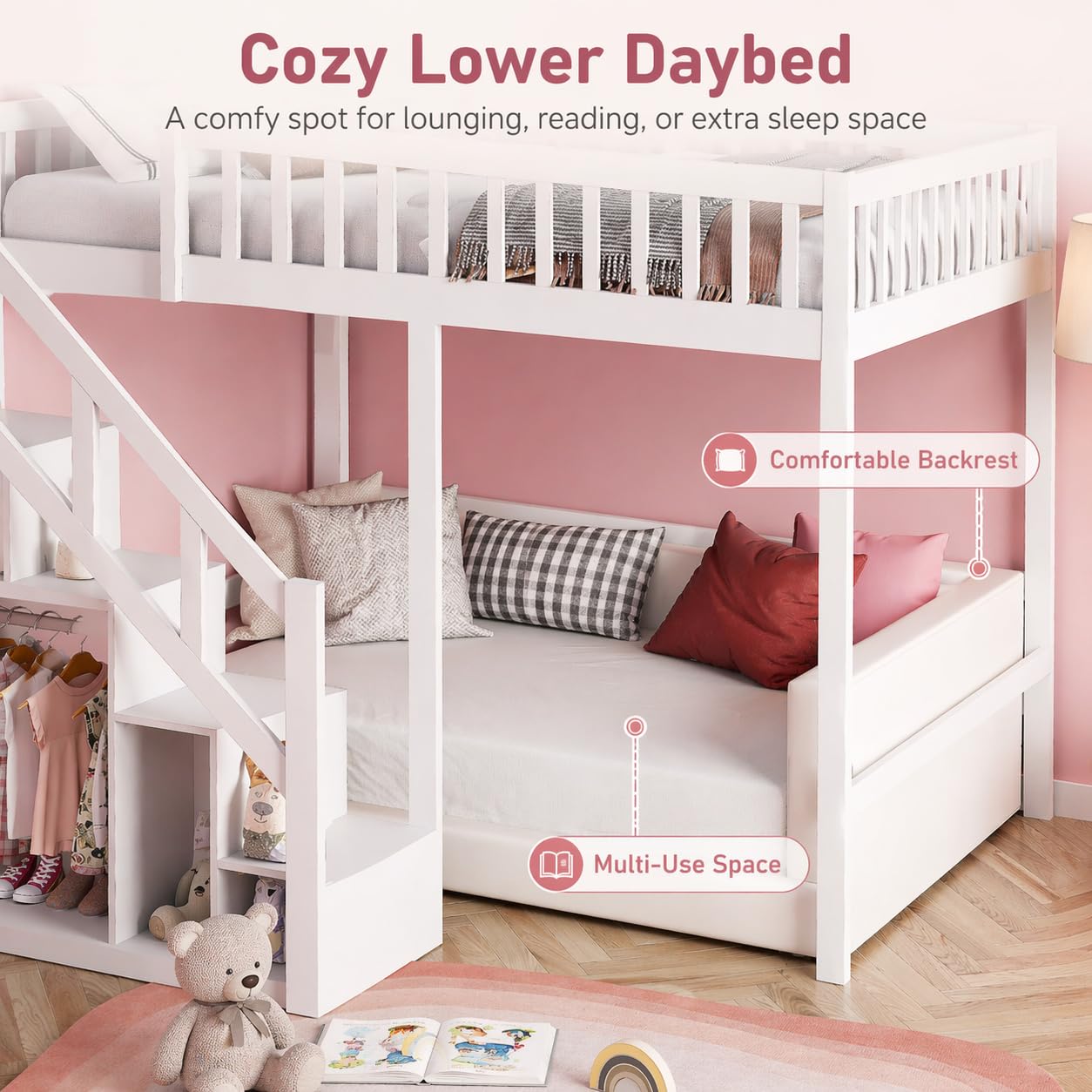 Etagenbett 90x200, Massivholz-Kinderbett mit Sicherheitstreppe & Aufbewahrungsschrank, Platzsparendes Jugendbett mit Lattenrost, Mehrzweck-Spielbett für Kinderzimmer Weiß (90x200cm)