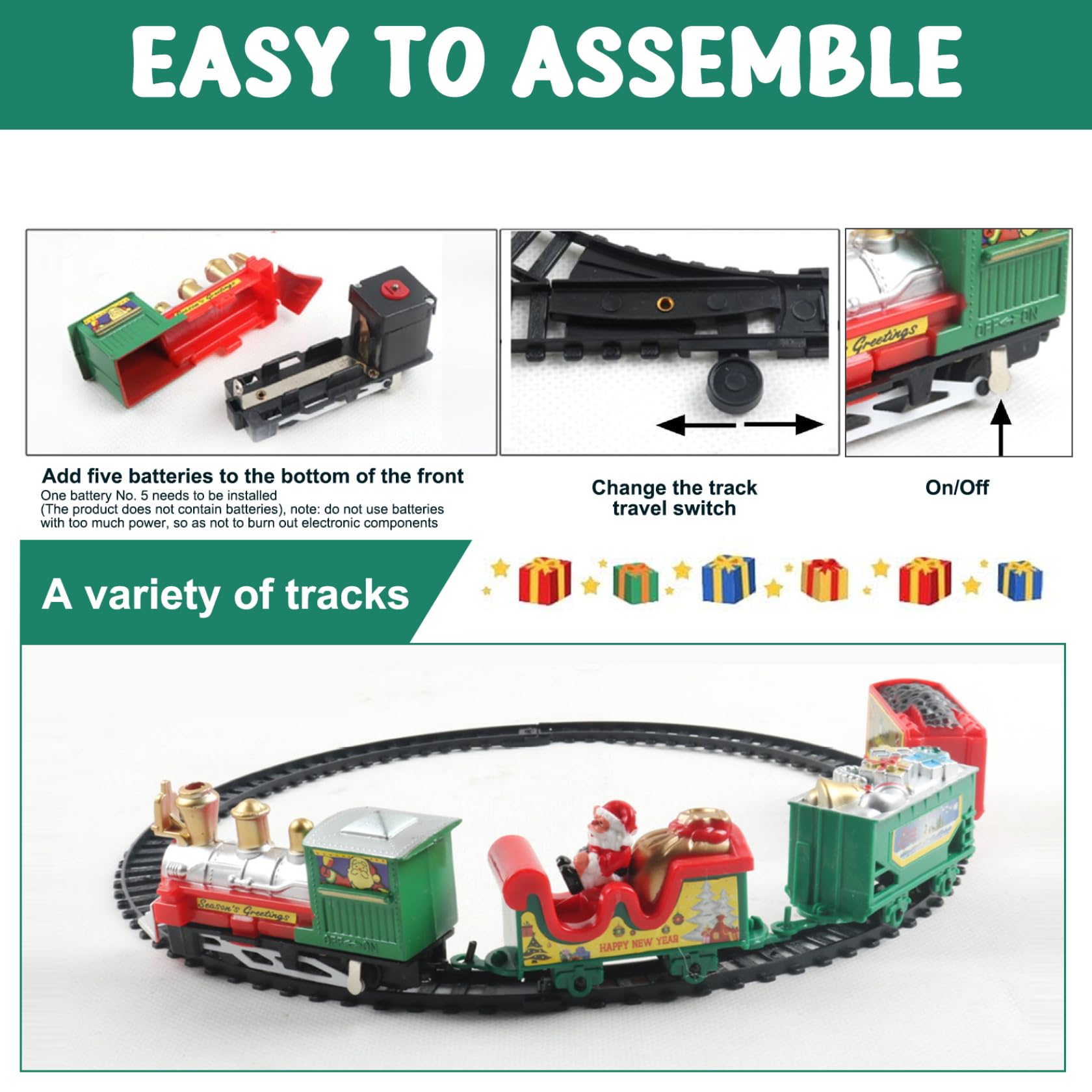 Jorzer Ensemble de Train électrique pour Enfants 11 x 7 x 1, Mini Train de Noël simulé avec 4 Voitures et Voies, Cadeaux Noël Classiques pour garçons et Filles (sans Batterie)