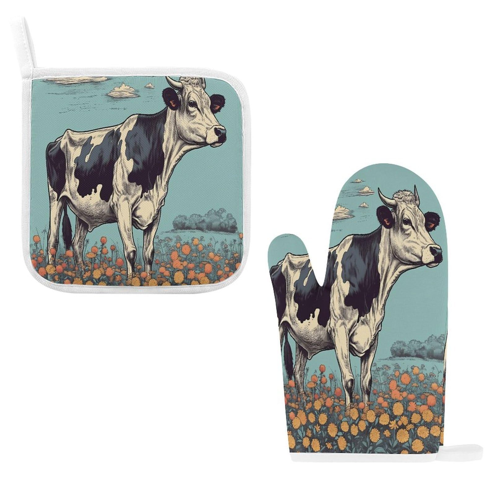 Btcowzrv Style Hand Drawn Cow Oven Mitts And Pot Holders 2Pcs Set