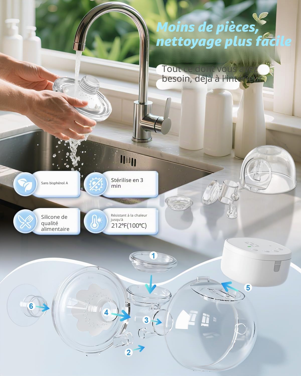 ANWIKE MY-376 Tire-lait électrique double, ultra-léger (230 g) - Tire-lait mains libres et indolore, idéal pour la conduite et les voyages, silencieux (40 dB), 4 modes, 9 niveaux d'intensité.