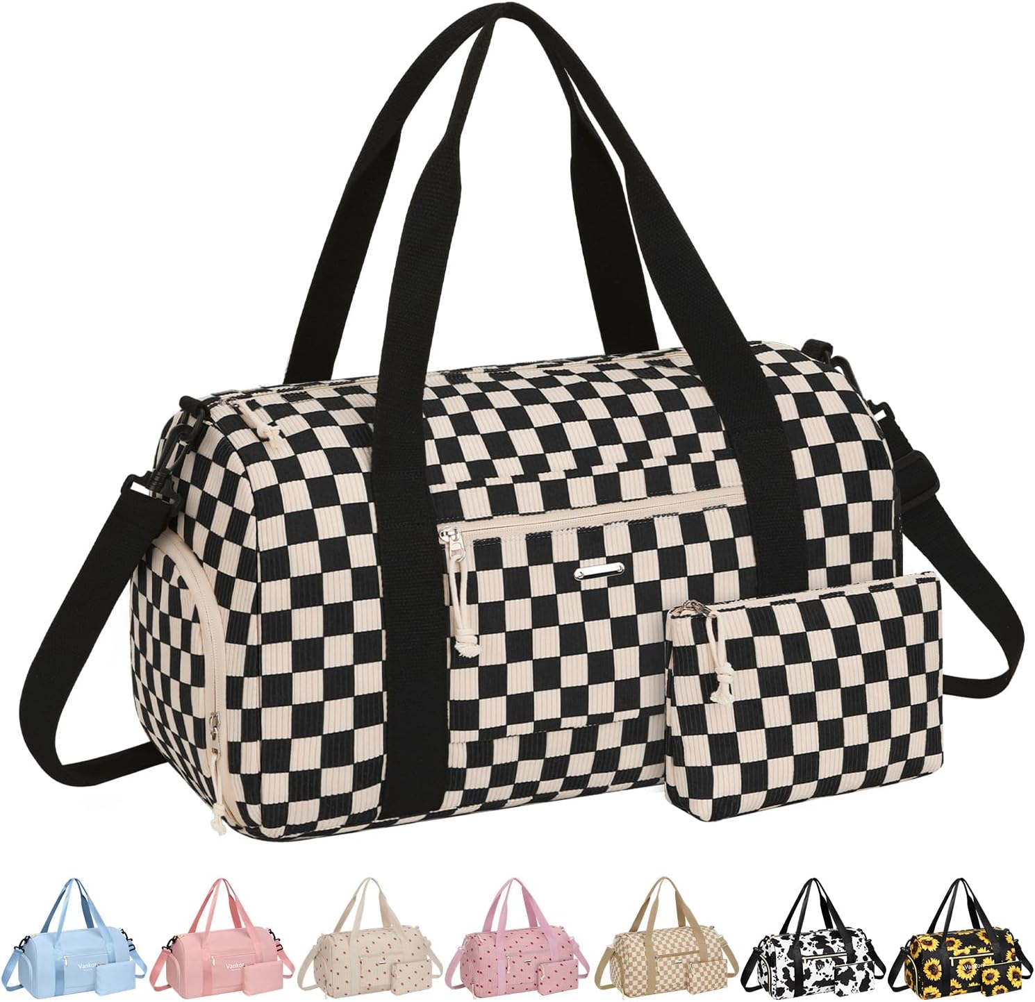 Vankor Corduroy Gym Bag for Women Teen Girls Kids Cute, Small Womens Girl Gym Duffle bag with Shoe Compartment Portable for Sport Dance Workout Travel Corduroy Checkered Black