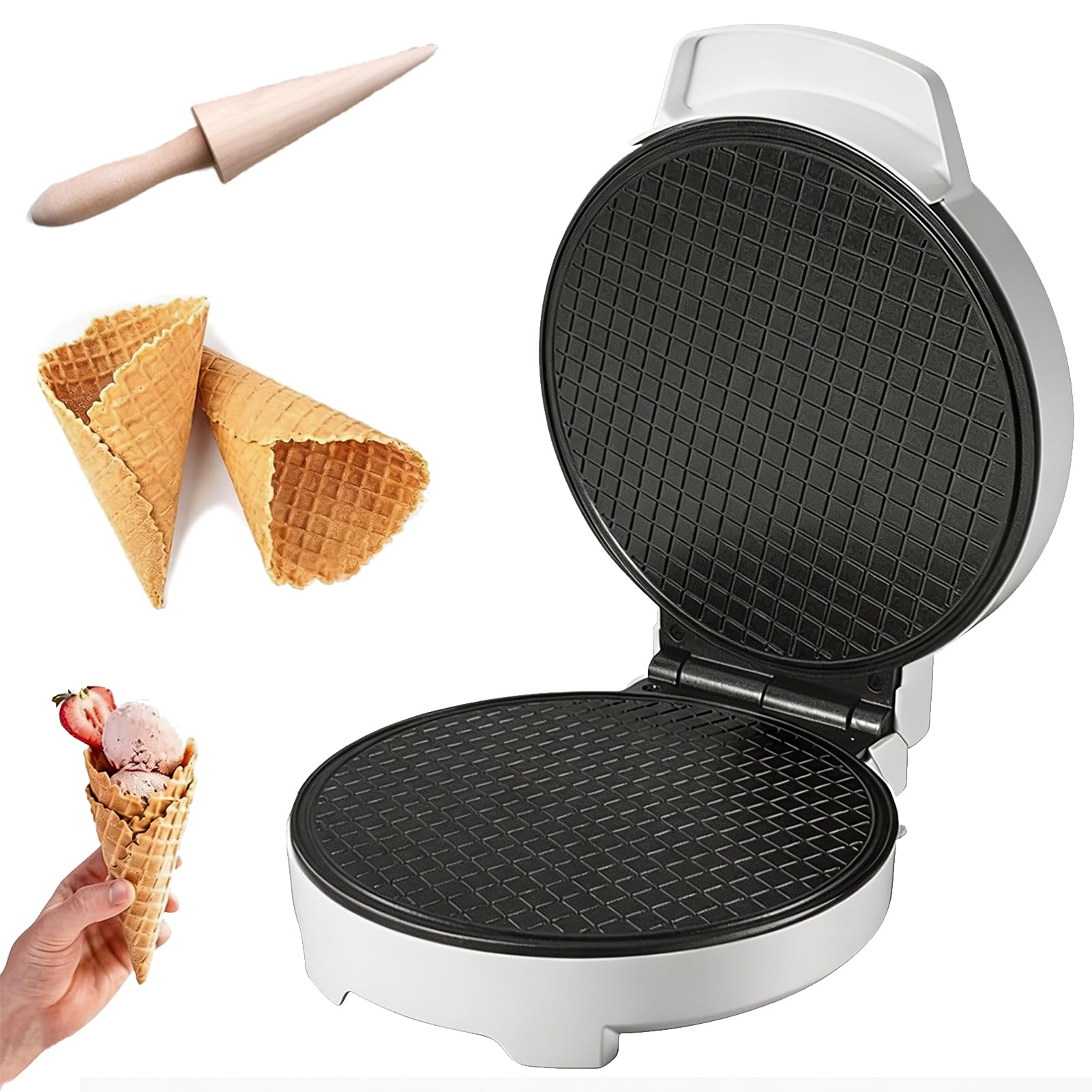 Macchina Per Coni Per Waffle Elettrica Da 1000 W, Macchina Per Coni Gelato Con Stampi Per Gelato E Rivestimento Antiaderente, Macchina Per Waffle A Bolle Di Riscaldamento Su Entrambi I Lati Per Feste